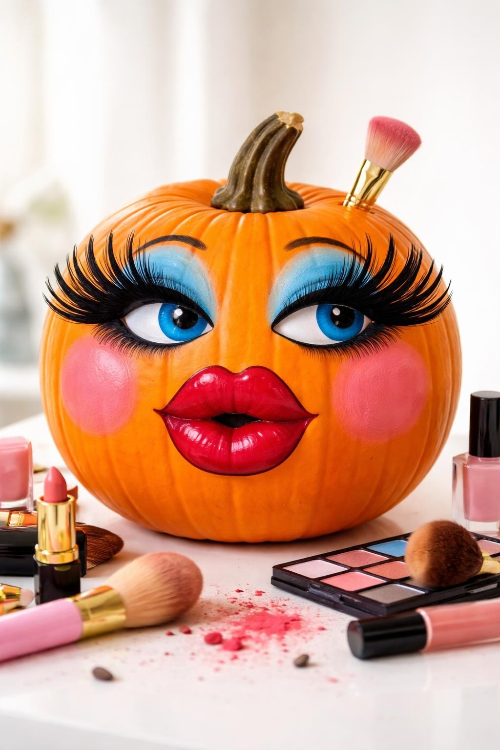 Image Prompt: A round orange pumpkin decorated with comically exaggerated makeup, enormous uneven black eyelashes, bright blue eyeshadow, oversized pink blush circles, heavily outlined red lips extending beyond the mouth, tiny makeup brush tucked near the stem, scattered cosmetic props around the base, bold playful look, clean bright background, realistic DSLR photography, crisp handmade details, no people, no text.