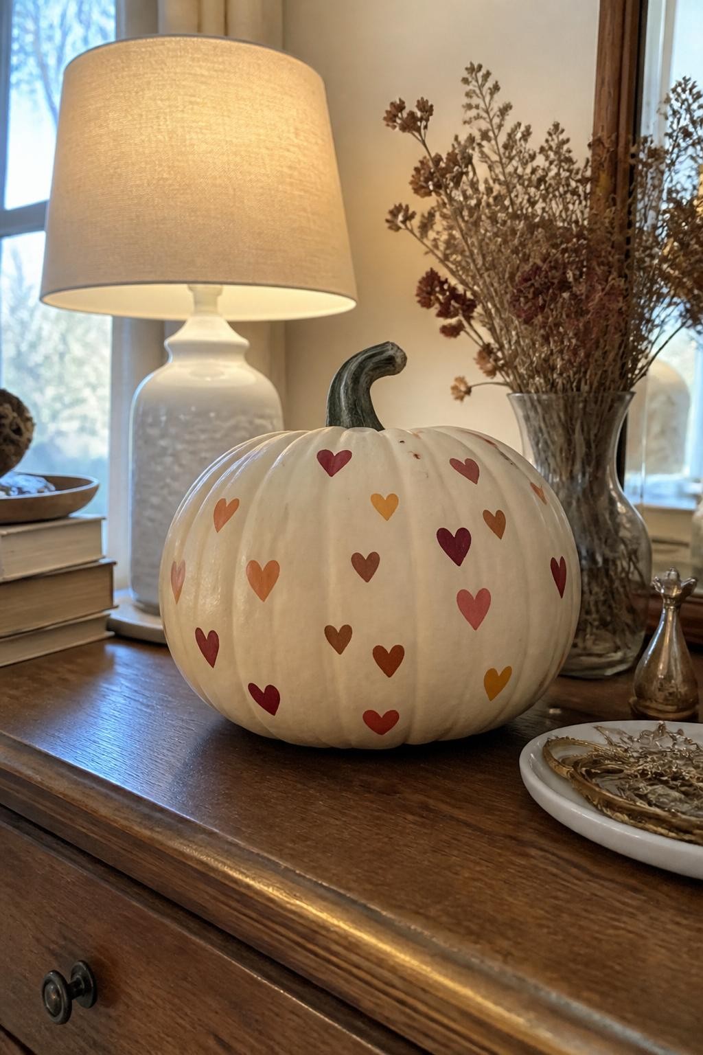 Horizontal 16:9 iPhone camera photograph of a smooth pale cream pumpkin decorated with tiny hand-painted hearts in rust, burgundy, mustard yellow, and dusty rose, hearts slightly varied in size and direction, displayed on a bedroom dresser beside a small lamp, stacked books, dried flowers, and a jewelry dish, soft morning window light, realistic brush texture, warm lived-in room, no perfect digital pattern, no text.