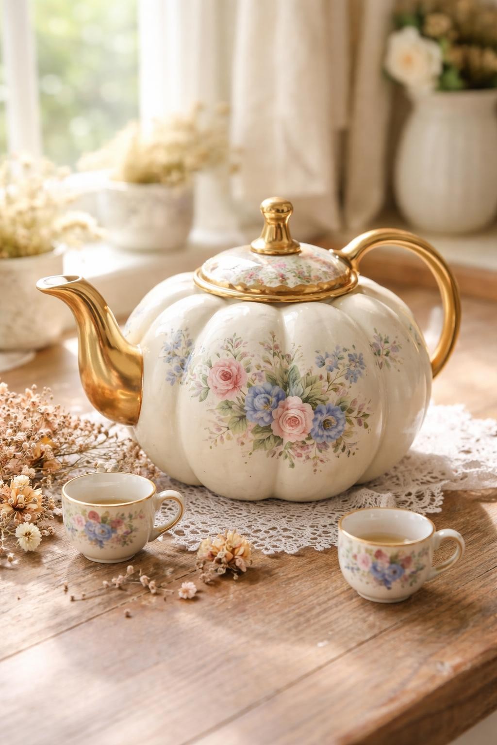 Image Prompt: A round cream fake pumpkin transformed into a charming vintage tea kettle, curved spout on one side, rounded handle on the other, floral blue-and-pink hand-painted pattern, gold-painted rim and stem lid, tiny teacups and dried flowers around the base, soft cottage kitchen styling, bright window light, realistic DSLR photography, crisp handcrafted details, no people, no text.