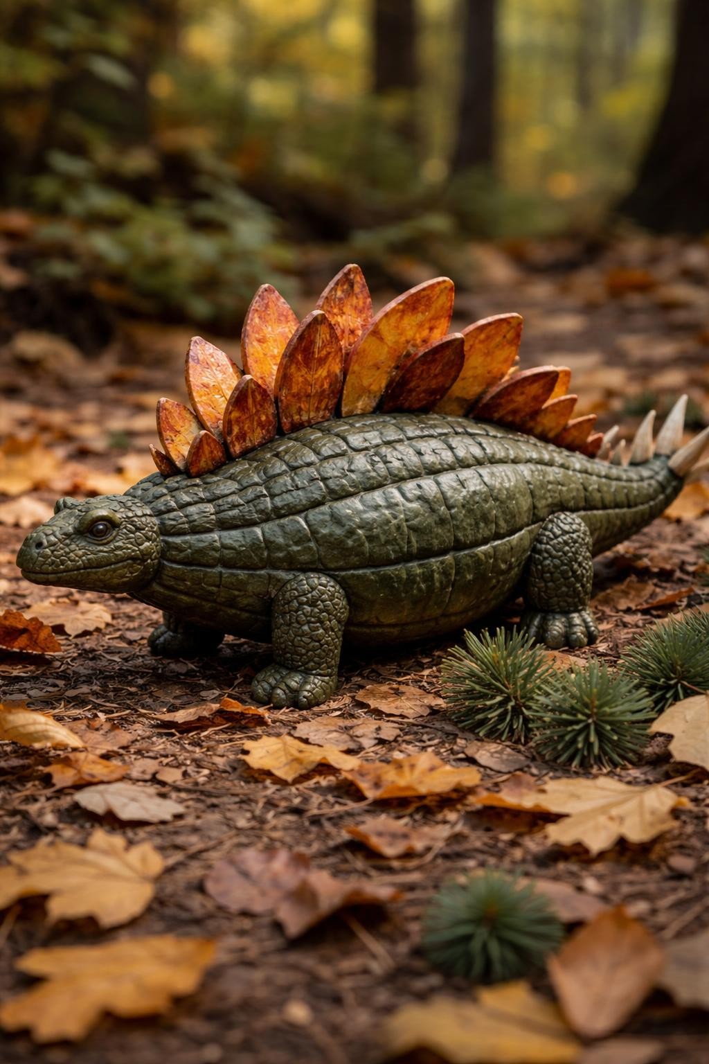 Image Prompt: A long deep forest-green pumpkin transformed into a stegosaurus body, large layered rust and mustard plates running from the stem down the back, small sculpted head extending from one end, four short feet underneath, pointed tail spikes at the opposite end, softly textured scales, fallen leaves and miniature cycads around the base, warm natural daylight, realistic DSLR craft photography, detailed handmade finish, no people, no text.
