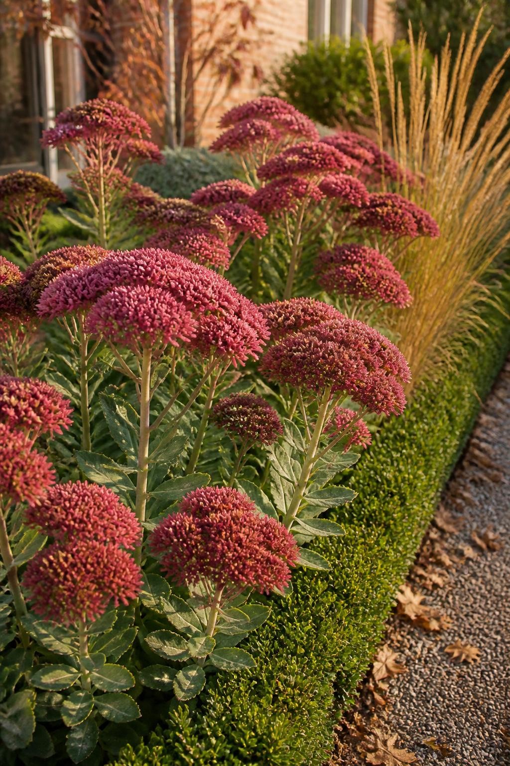 Image Prompt: A realistic sunny front-yard border featuring mature upright sedum plants with broad dusty rose and burgundy flower heads, thick blue-green leaves, and sturdy natural stems, planted beside warm-toned ornamental grasses and a low boxwood hedge, a few bees resting on the blooms, gravel path and scattered autumn leaves nearby, soft golden-hour sunlight, natural residential garden atmosphere, detailed DSLR photography, 70mm lens, no text.
