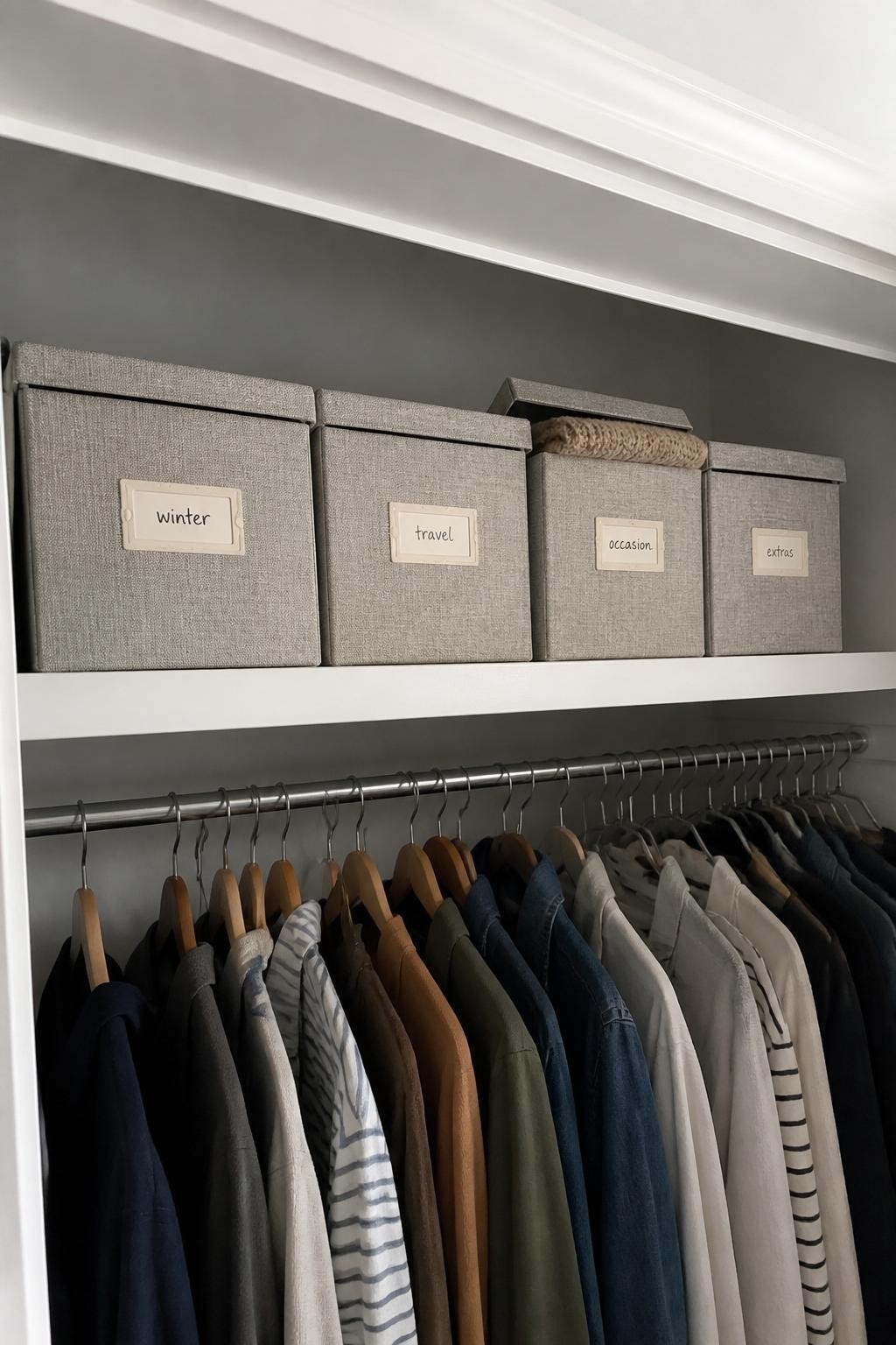 Image prompt: High closet shelf holding four matching but slightly varied fabric storage boxes labeled with neat handwritten tags reading “winter,” “travel,” “occasion,” and “extras,” photographed from a natural standing angle with modern iPhone photo quality, soft daylight, believable woven texture, everyday bedroom closet, one box partly open showing a folded knit scarf, no people, no distorted text, no watermarks on images.