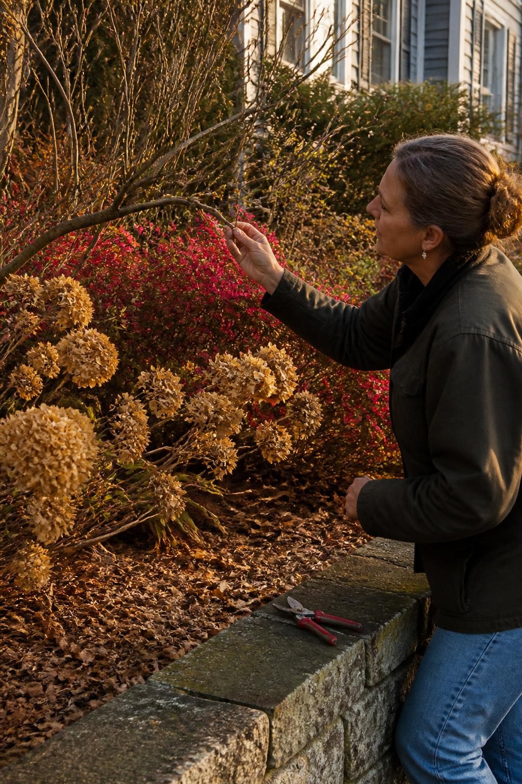 Image Prompt: A realistic autumn front garden featuring a mature lilac, azalea, and bigleaf hydrangea with visible dormant flower buds along older stems, a gardener gently examining the branches without cutting them, closed bypass pruners resting on a nearby stone wall, dried hydrangea flower heads and fallen leaves around the shrub bases, warm late-afternoon light, accurate branch and bud detail, practical residential landscaping, DSLR photography, 70mm lens, no text.