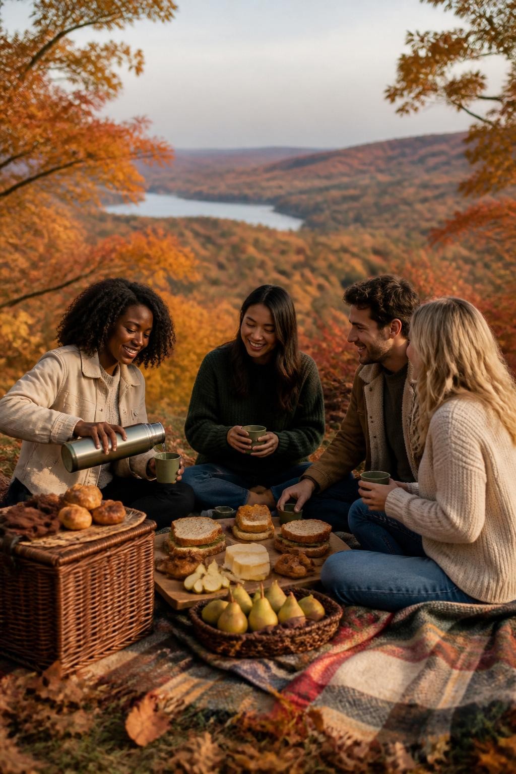 Image Prompt: A beautiful outdoor fall picnic set on a slightly elevated grassy viewpoint surrounded by peak autumn trees in orange, red, and gold, a large plaid blanket layered with woven baskets, a wooden board with sandwiches, sliced pears, cheese, pastries, and a thermos, two friends and one couple relaxing naturally in cozy sweaters and light jackets, one Black woman with shoulder-length natural curls pouring a warm drink, soft late-afternoon golden light, scattered fallen leaves, crisp air, natural body language, detailed food textures, candid editorial DSLR photography, 35mm lens, no text, no watermark.