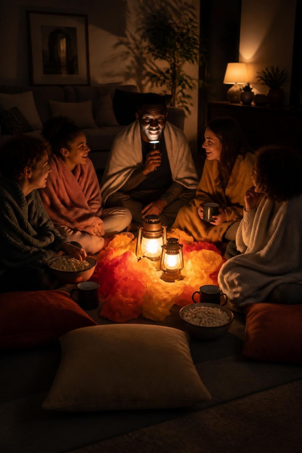 Image Prompt: A living room arranged as an indoor campfire, crumpled red, orange and yellow tissue paper surrounding battery-powered lanterns in the center of a circle of floor cushions, five friends and family members wrapped in blankets while sharing stories, one Black man holding a flashlight beneath his chin during a humorous tale, enamel-style mugs and bowls of popcorn nearby, deep evening shadows with warm lamp light, cozy editorial DSLR photography, no open flames, no text.