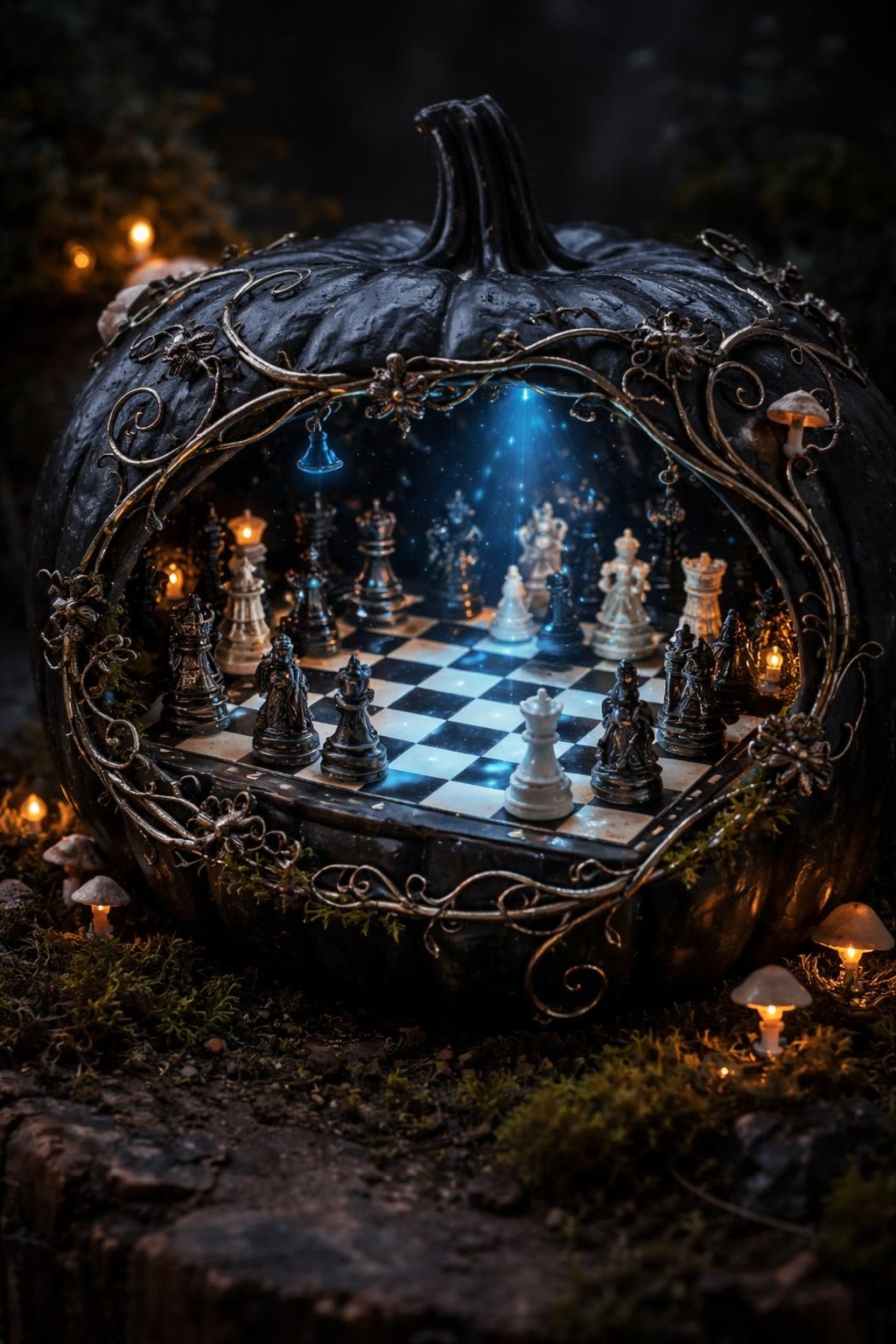 Image Prompt: A large black foam pumpkin transformed into an enchanted chess scene, small black-and-white checkerboard platform built into the carved front, miniature fantasy chess pieces shaped like knights, queens, castles, and forest creatures, glowing blue lines between selected squares, silver vines curling around the opening, dark moss and tiny mushrooms at the base, magical moody lighting, realistic DSLR photography, intricate handmade details, no people, no text.