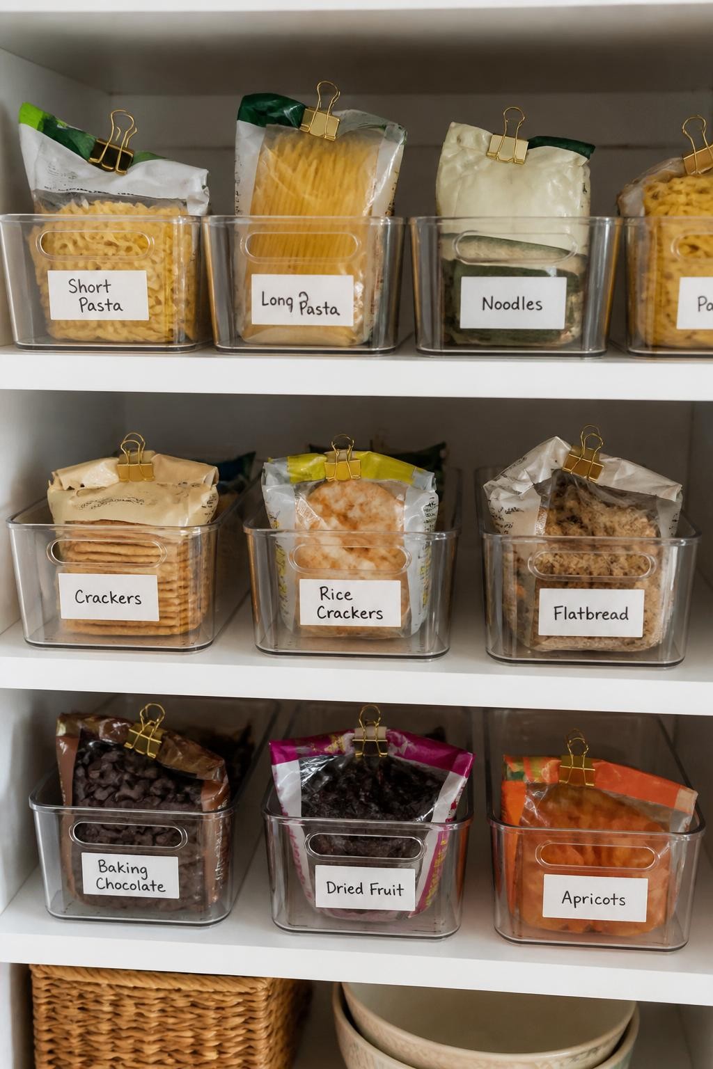 Image prompt: Pantry shelf with clear handled bins containing neatly clipped open packets of pasta, crackers, baking chocolate, dried fruit, and noodles, photographed with natural iPhone photo quality, soft daylight, believable crinkled packaging, handwritten category labels, warm home kitchen, tidy but approachable, no people, no brand logos, no watermarks on images.