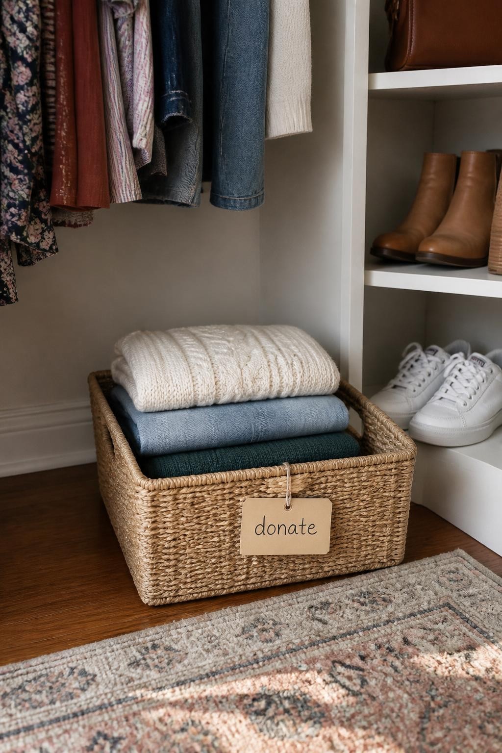 Image prompt: Lower corner of an organized bedroom closet with a medium woven basket containing three neatly folded clothing items ready for donation, simple paper tag reading “donate,” nearby hanging clothes and shoe cubbies, photographed with warm natural iPhone photo quality, soft daylight and realistic shadows, ordinary lived-in home, uncluttered but not overly styled, no people, no watermarks on images.