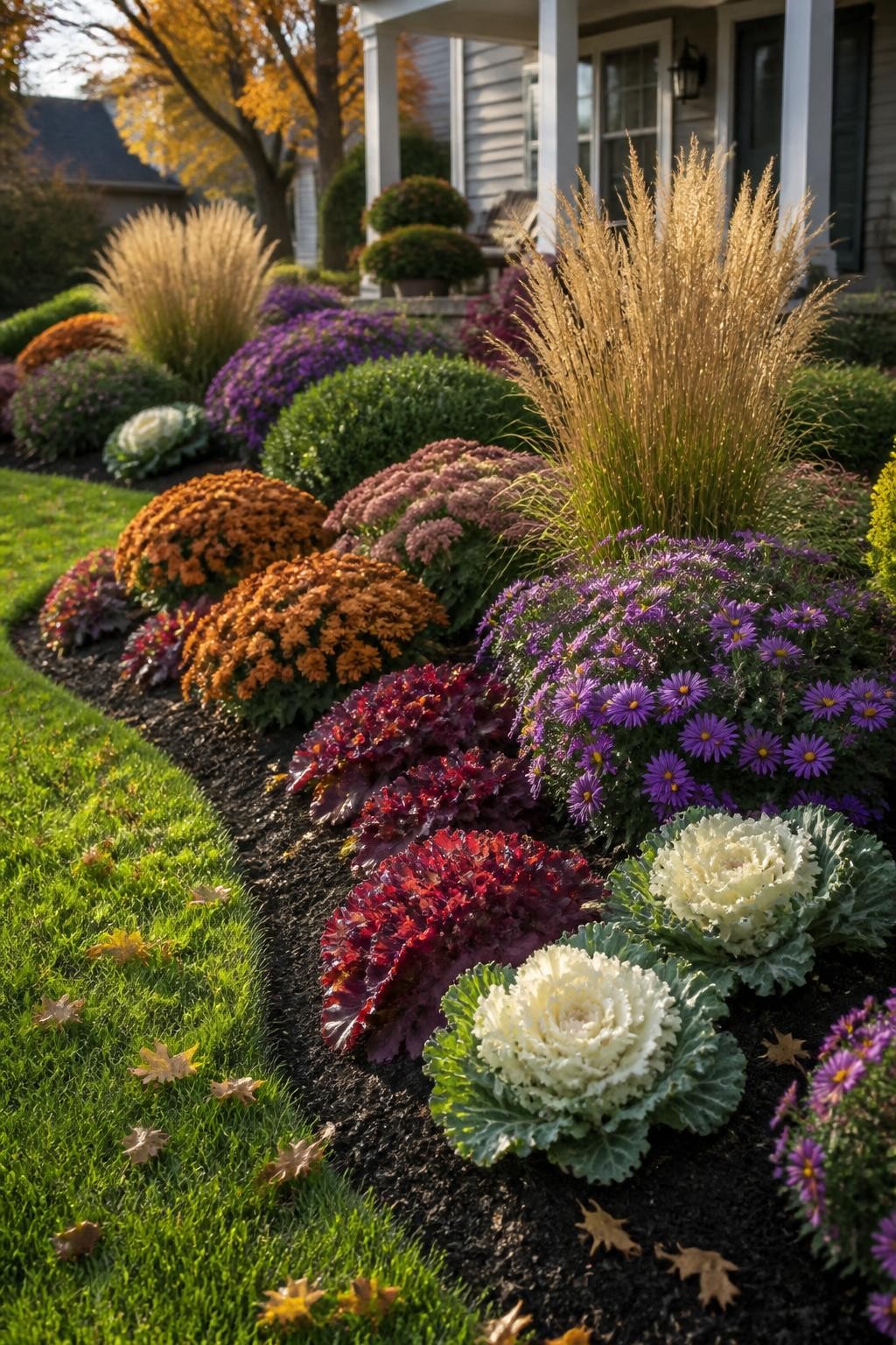 Image Prompt: A realistic wide front-yard flower border in peak fall color, layered with purple asters, bronze mums, dusty rose sedum, golden ornamental grasses, burgundy heuchera, cream ornamental cabbage, and compact evergreen shrubs, flowers repeated in broad natural groups across the bed, dark mulch, gently curved lawn edge, scattered autumn leaves, warm low afternoon sunlight, balanced seasonal landscaping around a modest home, realistic plant sizes and natural imperfections, editorial DSLR photography, 35mm lens, highly detailed, no text.