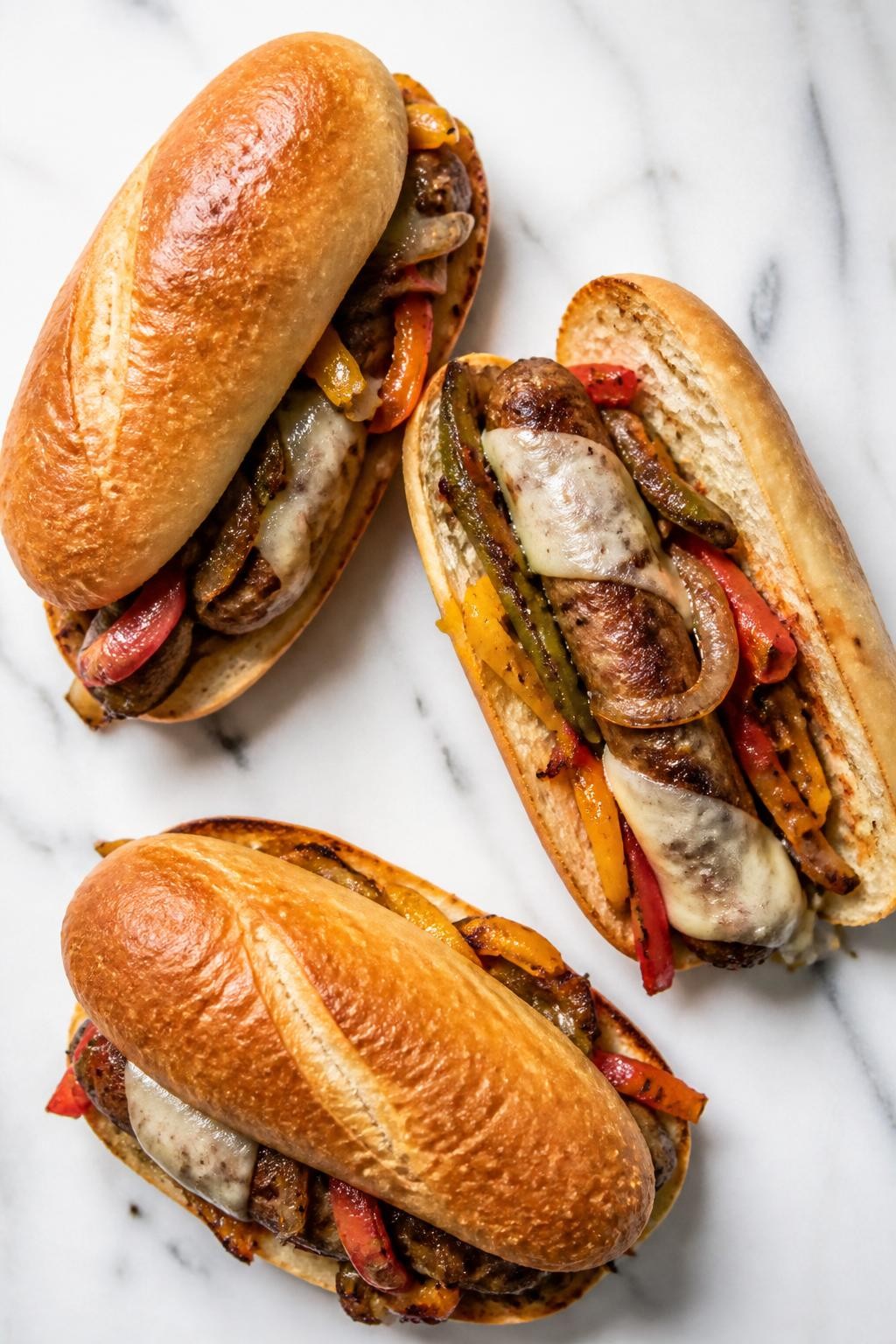 Image Prompt: Top-down realistic editorial food photography of homemade Italian sausage sandwiches on a clean white marble countertop, toasted sandwich rolls filled with browned Italian sausage, sautéed peppers, onions, and melted cheese, one sandwich slightly open to show the filling, warm casual homemade dinner mood, natural daylight, soft shadows, high detail, no people, no hands, no text, no watermarks, no props with writing.