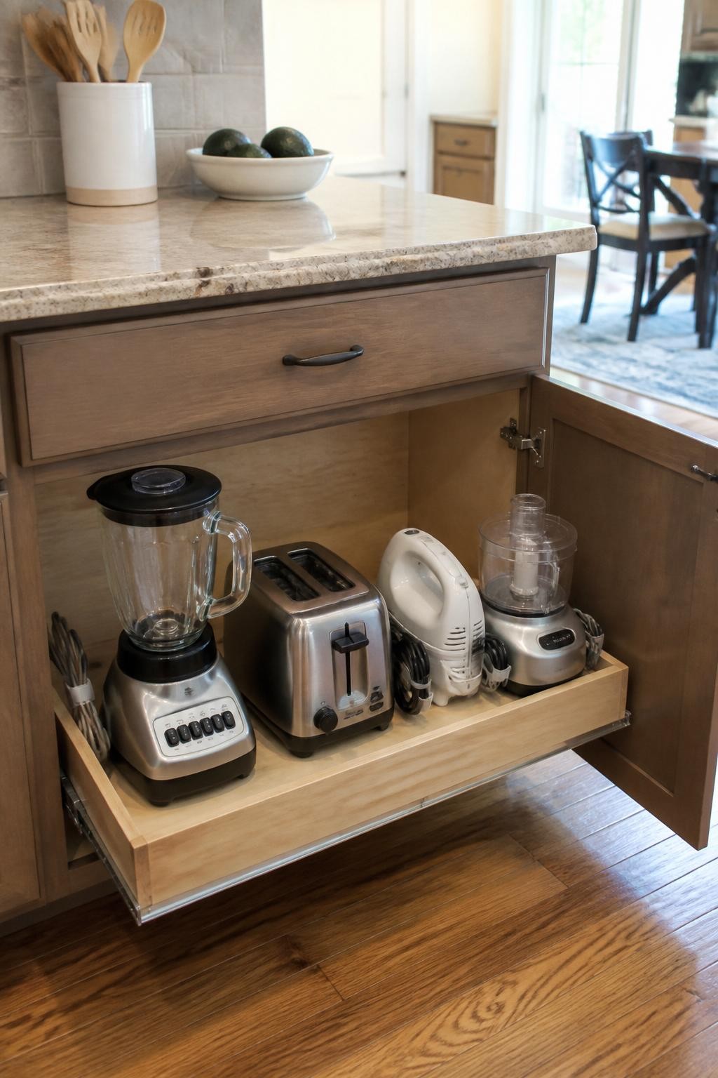 Image prompt: Lower kitchen cabinet with a pull-out shelf holding a blender, toaster, hand mixer, and compact food processor, each appliance spaced neatly with cords secured, photographed with realistic iPhone photo quality, bright natural daylight, believable appliance wear, ordinary home kitchen, uncluttered counter visible nearby, no people, no visible brand names, no watermarks on images.