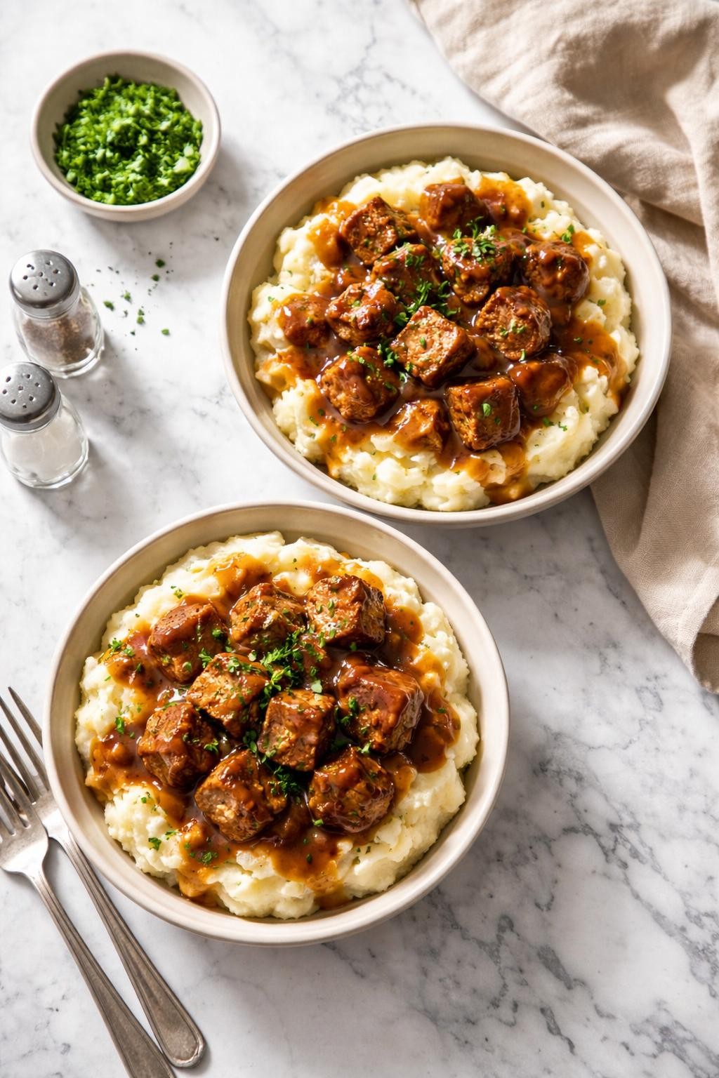 Prompt: Top-down realistic editorial food photography of meatloaf and mashed potato bowls on a clean white and gray marble countertop, bowls filled with creamy mashed potatoes, chopped leftover meatloaf, brown gravy, and parsley, warm cozy homemade comfort food mood, bright natural window lighting, soft shadows, clean composition, high detail, realistic food texture, no people, no hands, no text, no watermarks, no props with writing.