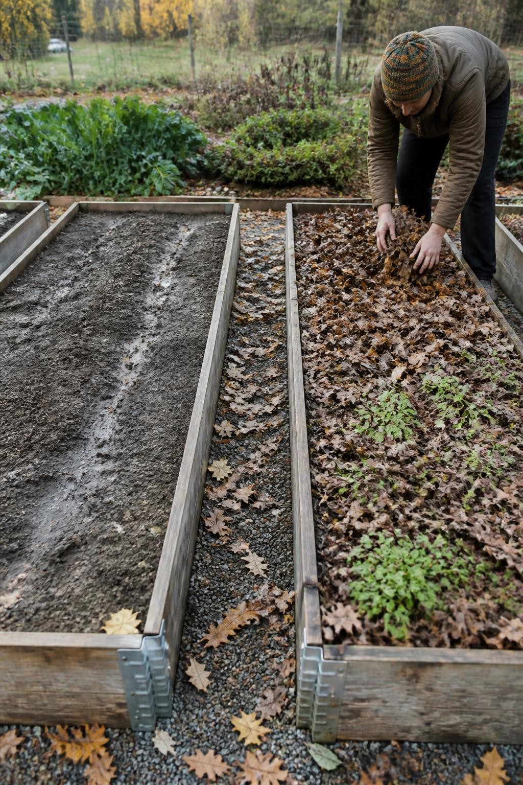 Image Prompt: A realistic fall vegetable garden with two neighboring raised beds, one left with bare compacted soil marked by small rain channels and the other protected with shredded leaves and a young crimson clover cover crop, a gardener spreading the final layer of leaf mulch by hand, weathered wooden bed frames, scattered autumn leaves on the gravel path, cool morning light, accurate soil and mulch textures, documentary-style DSLR photography, 35mm lens, no text.