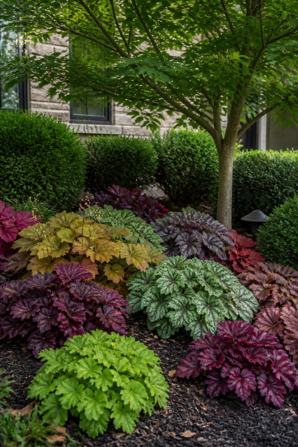 Image Prompt: A realistic shaded front foundation garden planted with several heuchera varieties in burgundy, plum, caramel, lime green, and silver-veined foliage, arranged beneath a small ornamental tree and between low evergreen shrubs, deeply textured rounded leaves forming tidy mounds, dark mulch and natural fallen leaves around the plants, soft filtered daylight, stone house wall in the background, refined residential landscape, DSLR editorial photography, 50mm lens, no text.