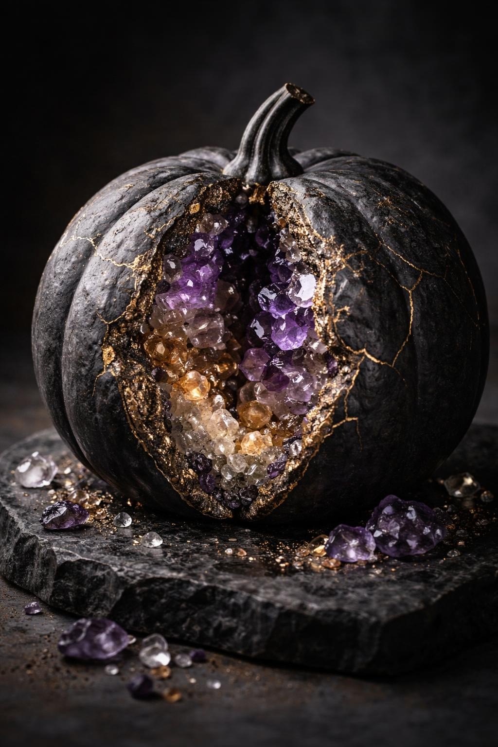Image Prompt: A matte charcoal foam pumpkin split visually by a dramatic geode opening, jagged carved cavity filled with layered crystals in amethyst purple, smoky gray, clear quartz, and metallic gold, rough stone texture around the opening, fine gold veins spreading across the outer surface, displayed on a black stone slab with loose crystal fragments, dramatic side lighting, realistic DSLR photography, sharp sparkling details, luxurious handcrafted finish, no people, no text.