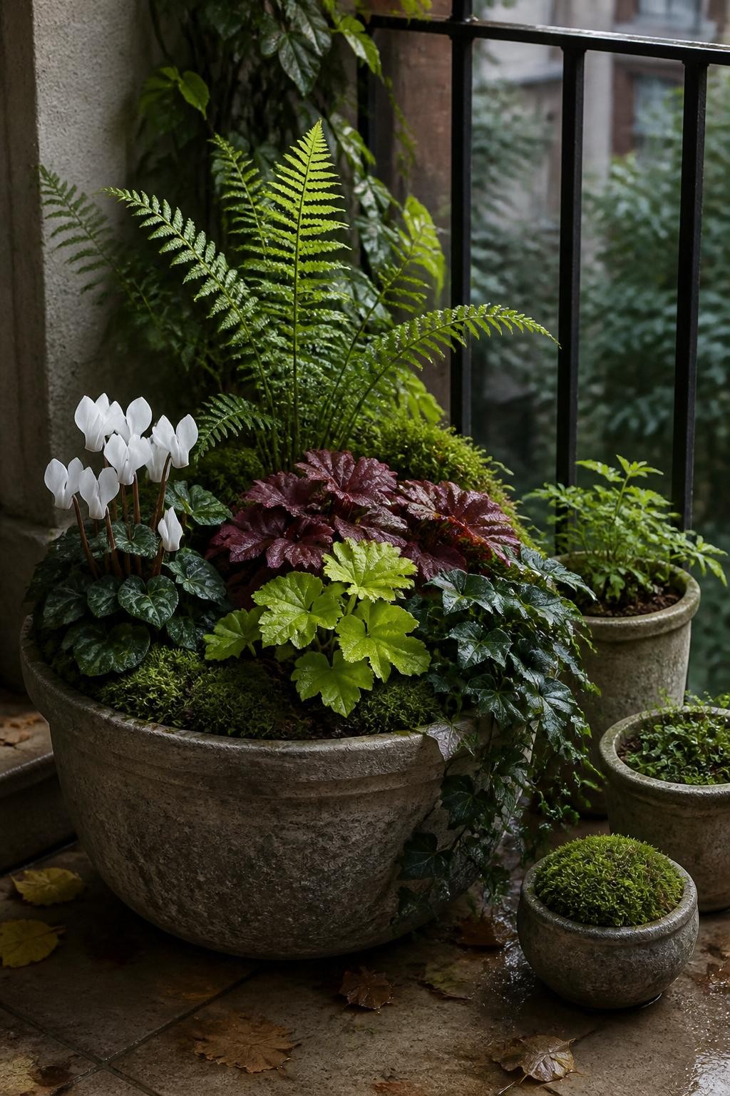 Image Prompt: A realistic shaded apartment balcony with a weathered stone bowl planter containing a small fern, burgundy and lime-green heuchera, white cyclamen, dark trailing ivy, and patches of soft moss over visible soil, several smaller matching pots nearby, filtered daylight, slightly damp foliage, natural fallen leaves on the tiled floor, quiet woodland-inspired mood within an urban setting, highly realistic textures, DSLR photography, 70mm lens, no text.