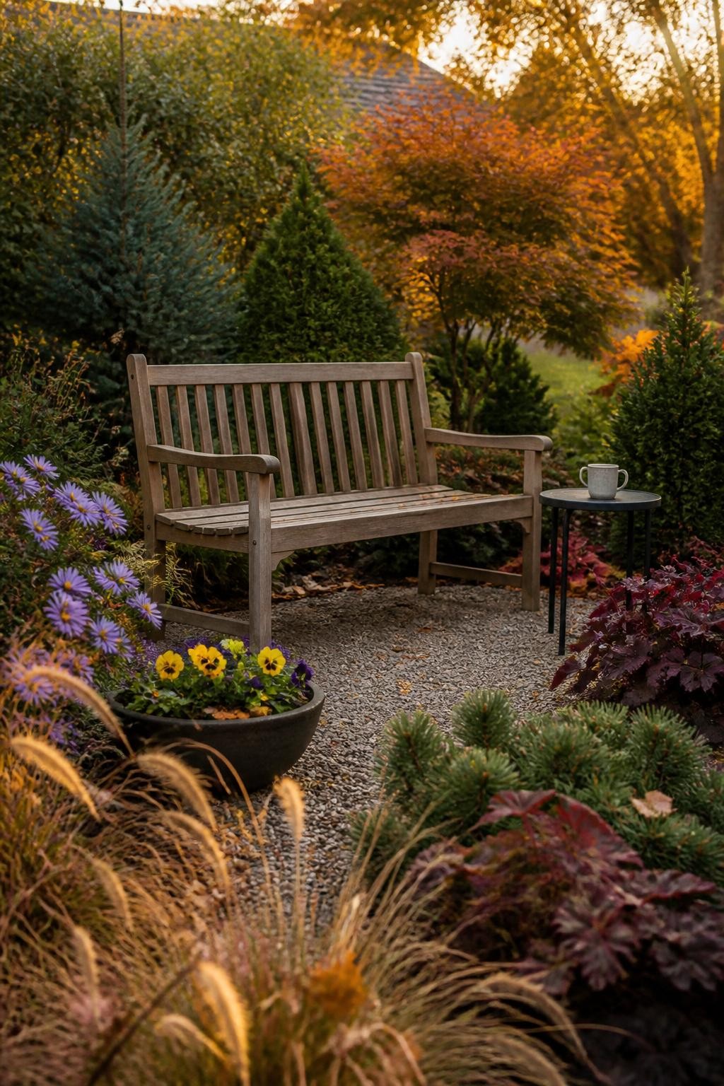 Image Prompt: A realistic backyard garden seating nook in fall, featuring a simple weather-resistant wooden bench placed on a small gravel pad, surrounded by bronze ornamental grasses, purple asters, burgundy heuchera, compact evergreens, and a low planter of pansies, a small side table with a ceramic mug, scattered amber leaves, warm golden evening light, mature shrubs creating a sense of privacy, inviting but practical residential landscape, editorial DSLR photography, 35mm lens, no text.