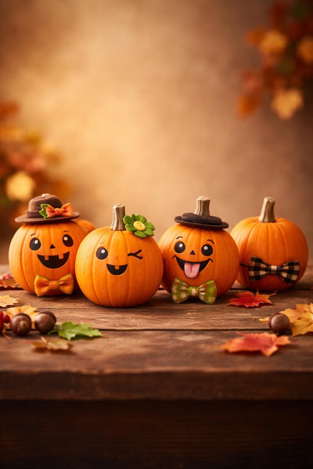 Image Prompt: A group of four small pumpkins posed for a funny family portrait, one pumpkin smiling perfectly, one blinking with one eye closed, one making a silly face with tongue out, one turned away wearing a crooked bow tie, coordinated felt accessories, simple autumn backdrop, warm studio-like lighting, realistic DSLR photography, editorial family-photo composition, no people, no text.