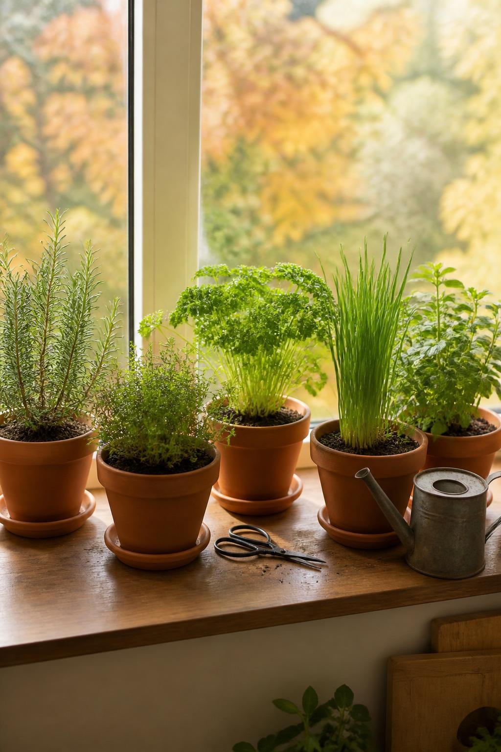 Image Prompt: A realistic bright indoor window shelf in fall holding individual terracotta pots of rosemary, thyme, parsley, chives, and oregano recently moved inside, each plant naturally shaped rather than perfectly trimmed, simple saucers beneath the pots, garden scissors and a small watering can nearby, soft daylight entering through a clean kitchen window, blurred autumn trees visible outside, warm neutral interior, minor soil crumbs and natural imperfections, editorial DSLR photography, 50mm lens, no text.