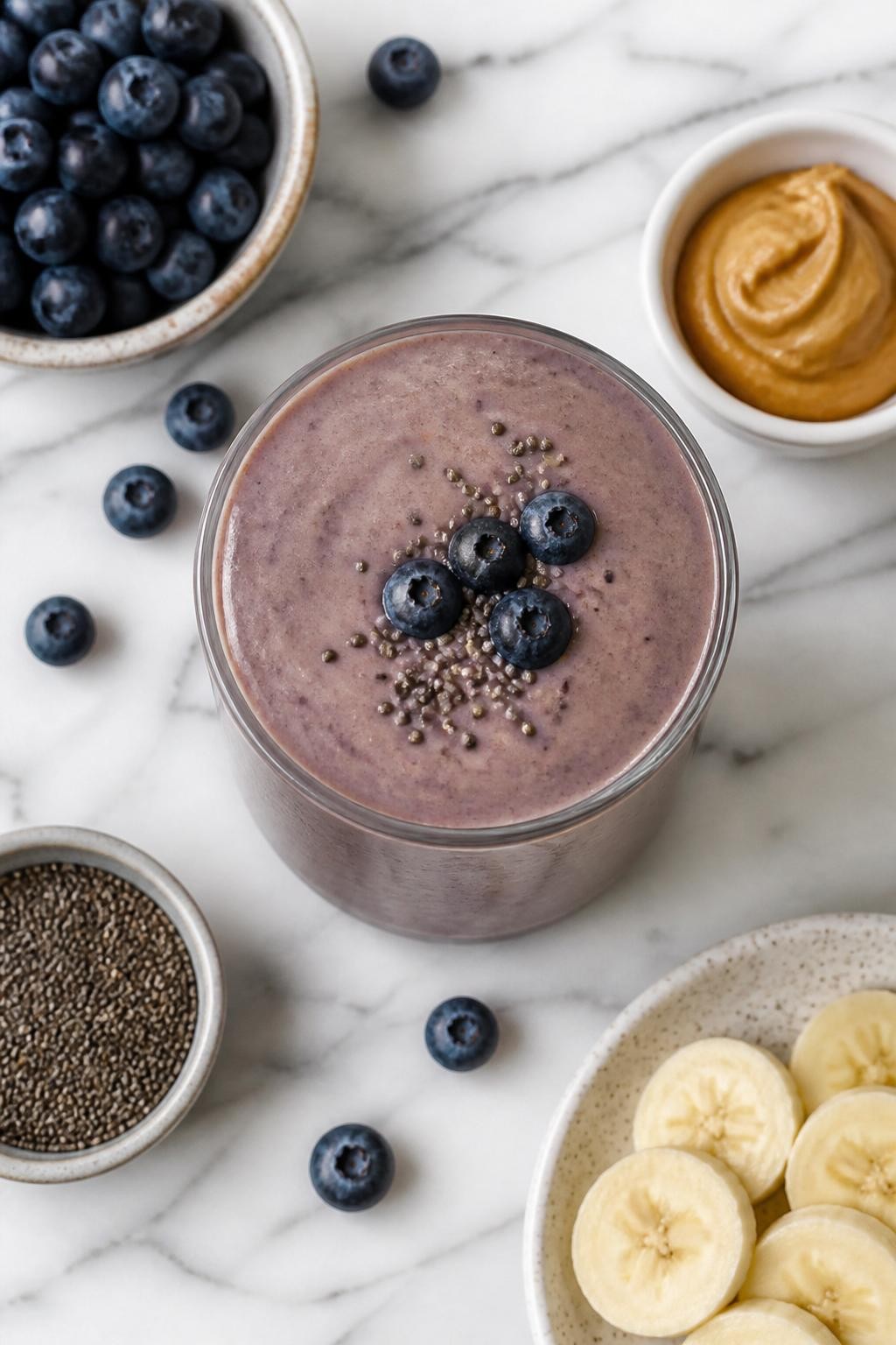 Realistic top-down editorial food photography of a peanut butter blueberry smoothie served in a clear glass on a white marble countertop. The smoothie is muted purple-tan, thick, creamy, and smooth, styled with blueberries, peanut butter in a plain dish, banana slices, and chia seeds nearby. Soft natural daylight, clean homemade smoothie styling, high detail, realistic creamy texture, no people, no hands, no text, no watermarks, no props with writing.