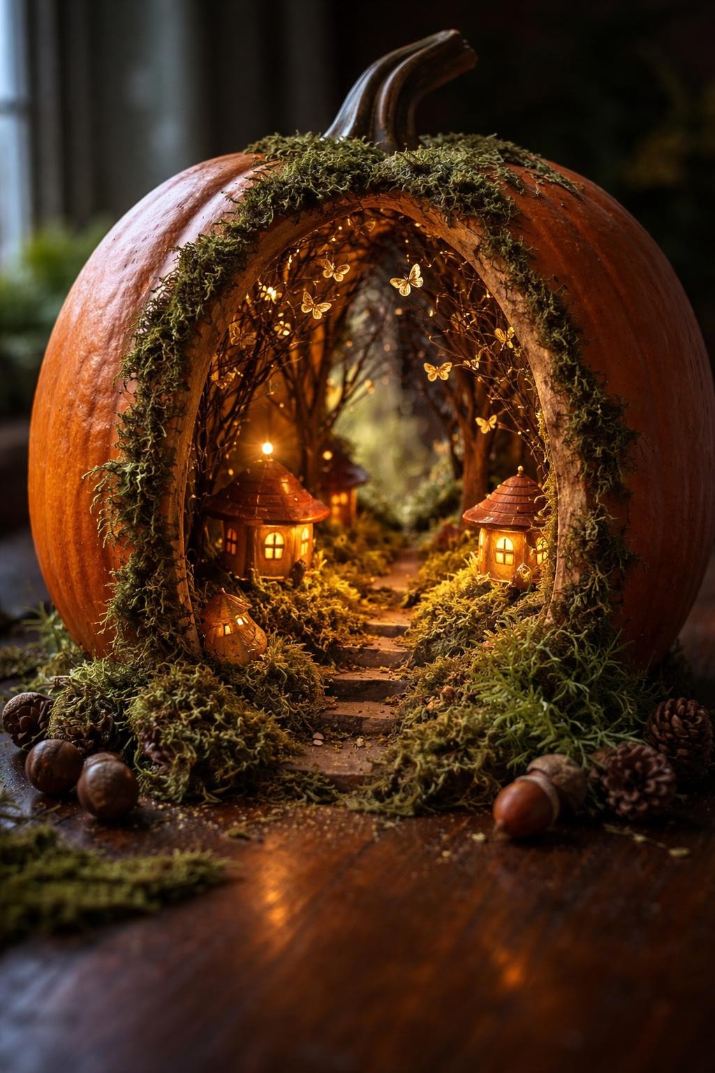 Image Prompt: A large real orange pumpkin transformed into an enchanted forest book nook, a tall arched opening cut into the front revealing a miniature moss-covered woodland path, tiny glowing mushroom houses, delicate twig trees, small paper butterflies, warm fairy lights hidden inside, faux moss spilling naturally around the opening, acorns and miniature ferns arranged at the base, intricate handmade details, dark autumn tabletop, moody natural window light, realistic DSLR photography, sharp focus on the miniature scene, shallow depth of field, no people, no text.