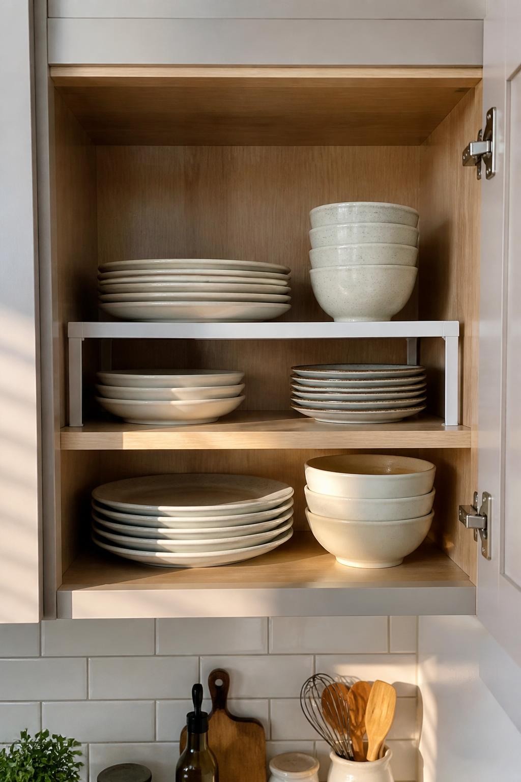Image prompt: Open upper kitchen cabinet with sturdy white shelf risers creating two levels for dinner plates, side plates, cereal bowls, and small serving dishes, photographed with natural iPhone photo quality, gentle morning light, realistic ceramic textures, mixed neutral dishware, practical apartment kitchen, no people, no visible branding, no watermarks on images.