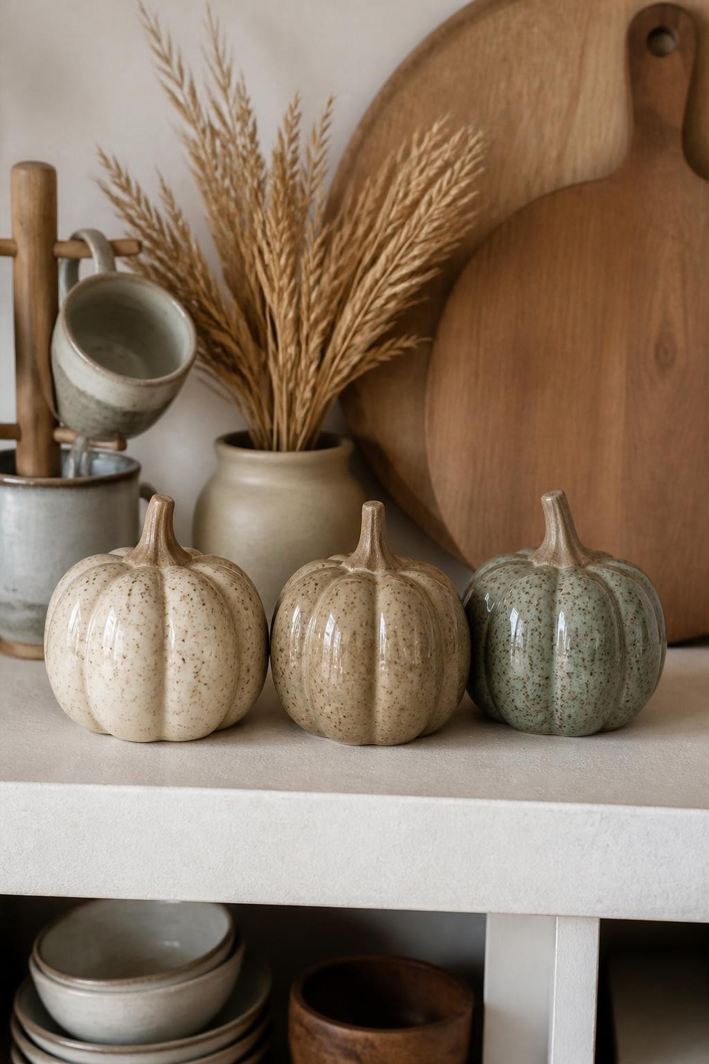 Horizontal 16:9 realistic iPhone photograph of three ceramic pumpkins painted to resemble handmade stoneware in warm cream, taupe, and muted sage, each covered with fine irregular brown speckles and finished with matte natural-looking stems, arranged on a kitchen shelf beside pottery mugs, wooden cutting boards, and dried wheat, soft daylight, believable ceramic texture, subtle handmade flaws, no text.