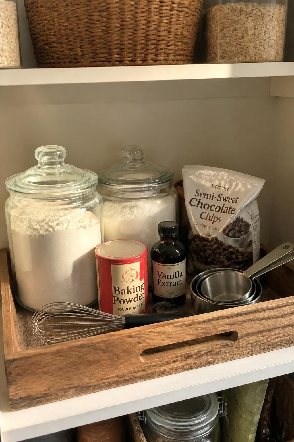 Image prompt: A sturdy wooden tray on a pantry shelf holding flour, sugar, baking powder, vanilla, measuring cups, chocolate chips, and a small whisk, photographed with natural iPhone photo quality, warm afternoon window light, believable glass jars and original packets, ordinary kitchen pantry, natural ingredient textures, no person, no visible branding, no watermarks on images.