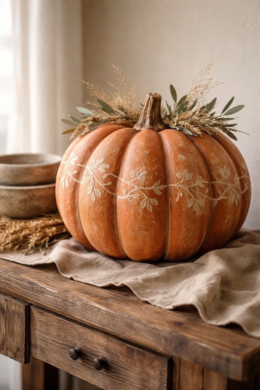 Image Prompt: A large fake pumpkin transformed into a matte terracotta pottery piece, warm clay-orange finish with subtle white mineral marks, raised hand-painted vine pattern around the ridges, short weathered stem, small dried grasses and olive branches tucked around the top, displayed on a rustic wooden console with linen fabric and stone bowls, soft natural daylight, realistic DSLR craft photography, clean handmade texture, no people, no text.