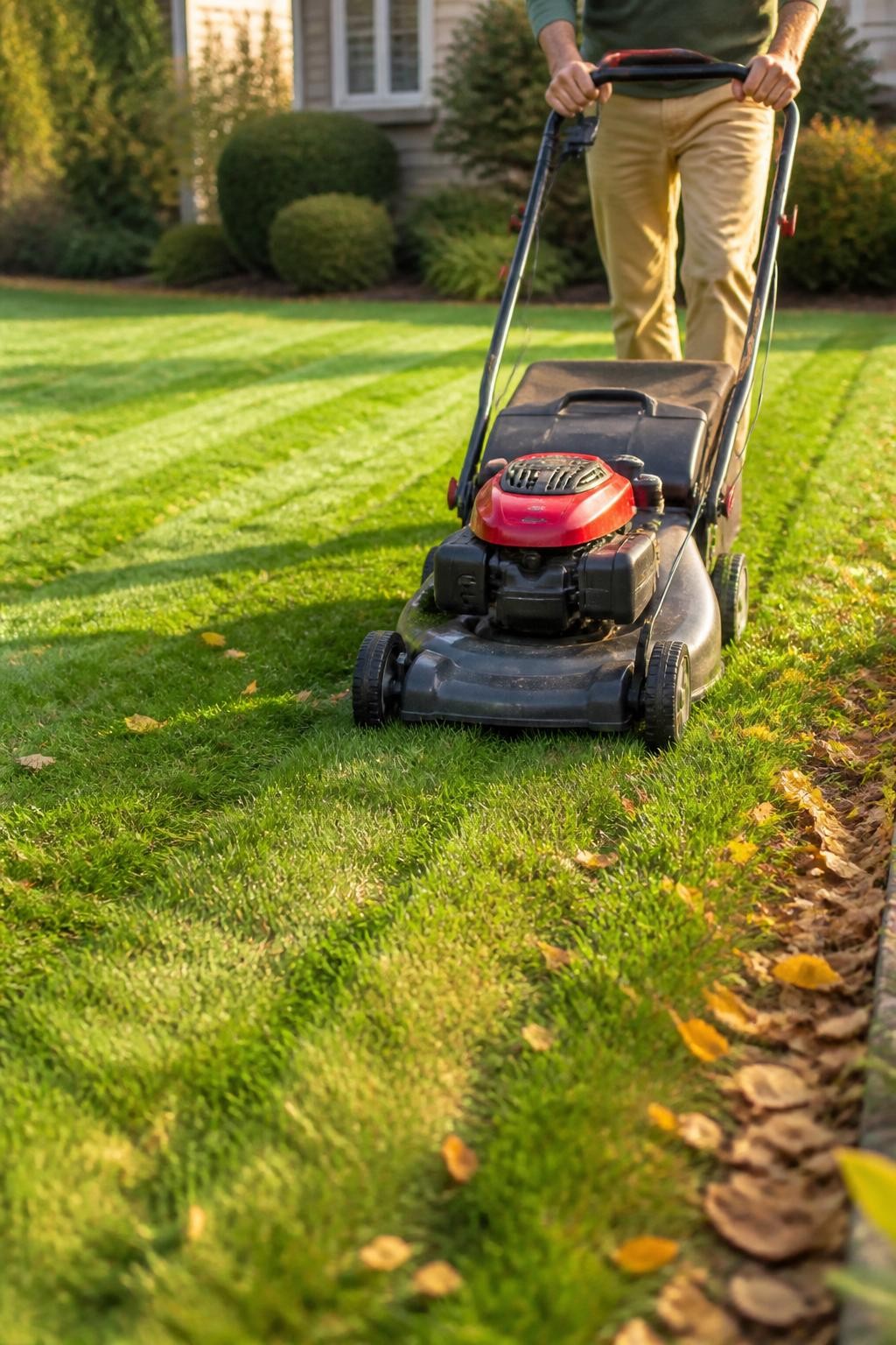 Image Prompt: A realistic suburban lawn in early fall being mowed with a standard walk-behind lawn mower, healthy green grass mixed with a few thin summer-stressed patches, neatly cut mowing stripes, scattered yellow and amber leaves along the edges, a homeowner’s lower body visible in practical gardening clothes, soft late-afternoon autumn light, mature shrubs and a modest home softly blurred in the background, natural lawn texture and minor imperfections, editorial DSLR photography, 35mm lens, no text.