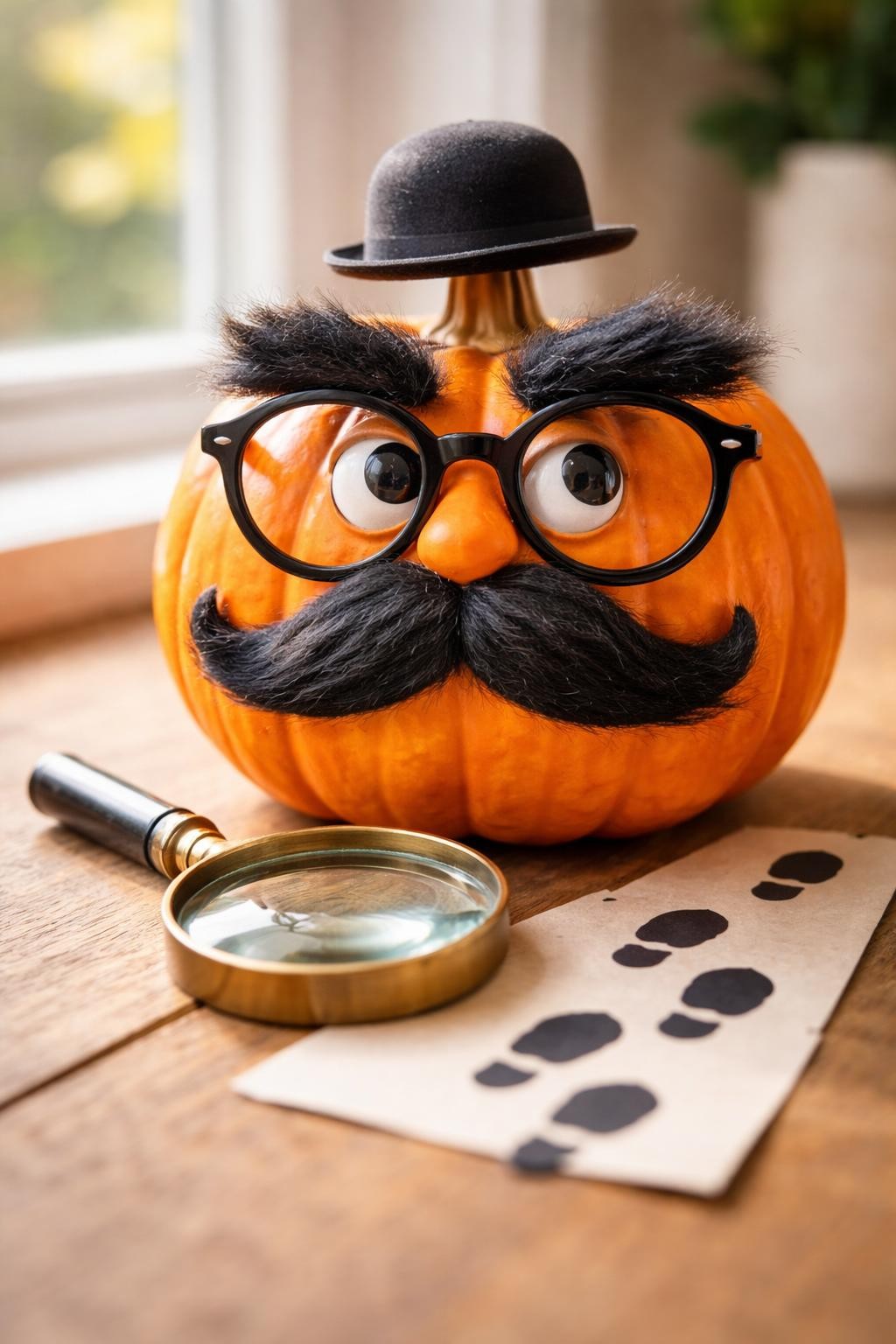 Image Prompt: A small orange pumpkin wearing an oversized fuzzy black mustache, thick fake eyebrows, round disguise glasses, tiny bowler hat perched over the stem, playful suspicious expression, miniature magnifying glass and paper footprints at the base, simple detective comedy theme, bright natural window light, realistic DSLR craft photography, no people, no text.
