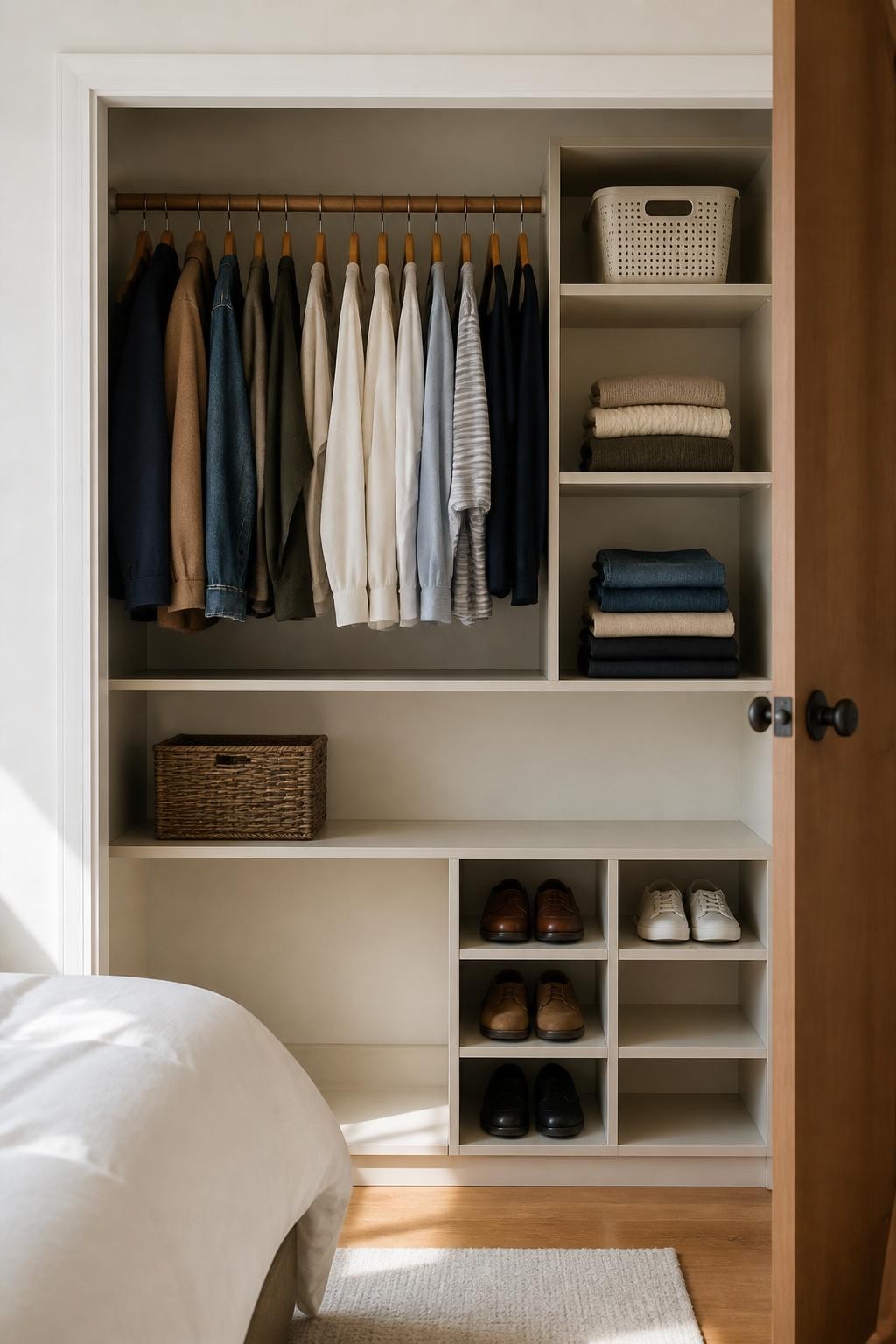 Image prompt: Calm, well-organized bedroom closet with visible breathing room between hanging clothes, partially filled shelves, a few empty shoe cubbies, neatly folded knitwear, and one open section for future items, photographed in clean natural iPhone photo quality, soft late-morning light, believable residential setting, natural fabric textures, simple cream and wood closet interior, tidy without looking staged or luxurious, no people, no logos, no watermarks on images.