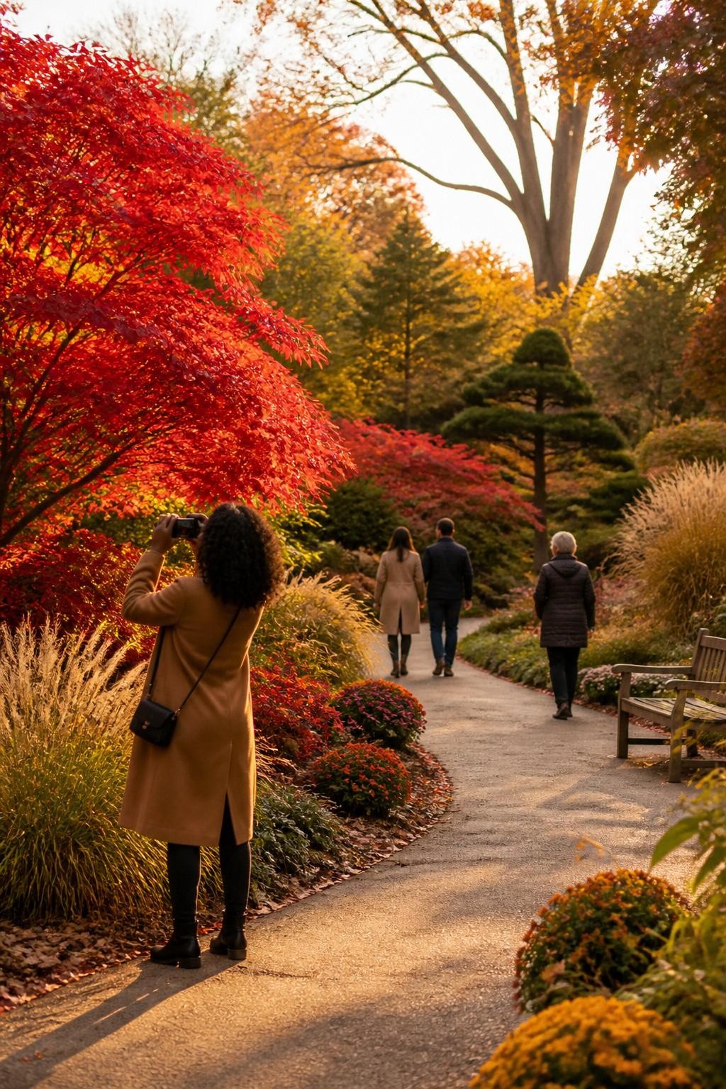 Image Prompt: A spacious botanical garden in fall with winding paths, ornamental grasses, Japanese maples, late chrysanthemums, and benches placed along the route, a couple and an older woman walking slowly and admiring the landscape, one Black woman in a camel coat taking a photo of a brilliant red tree, soft golden afternoon light, elegant natural composition, crisp plant textures, high-end travel DSLR photography, 35mm lens, no text.