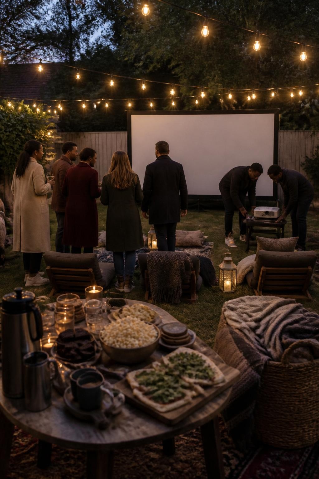 Image Prompt: A sophisticated backyard film night for adults, a large portable screen positioned against a wooden fence, rows of low chairs and floor cushions with wool blankets, a serving table holding themed snacks, flatbread, popcorn with herbs, warm drinks and small desserts, six adults arriving in coats, two Black friends adjusting a projector, string lights overhead, realistic twilight lighting and backyard details, cinematic DSLR photography, no movie imagery on the screen, no text.