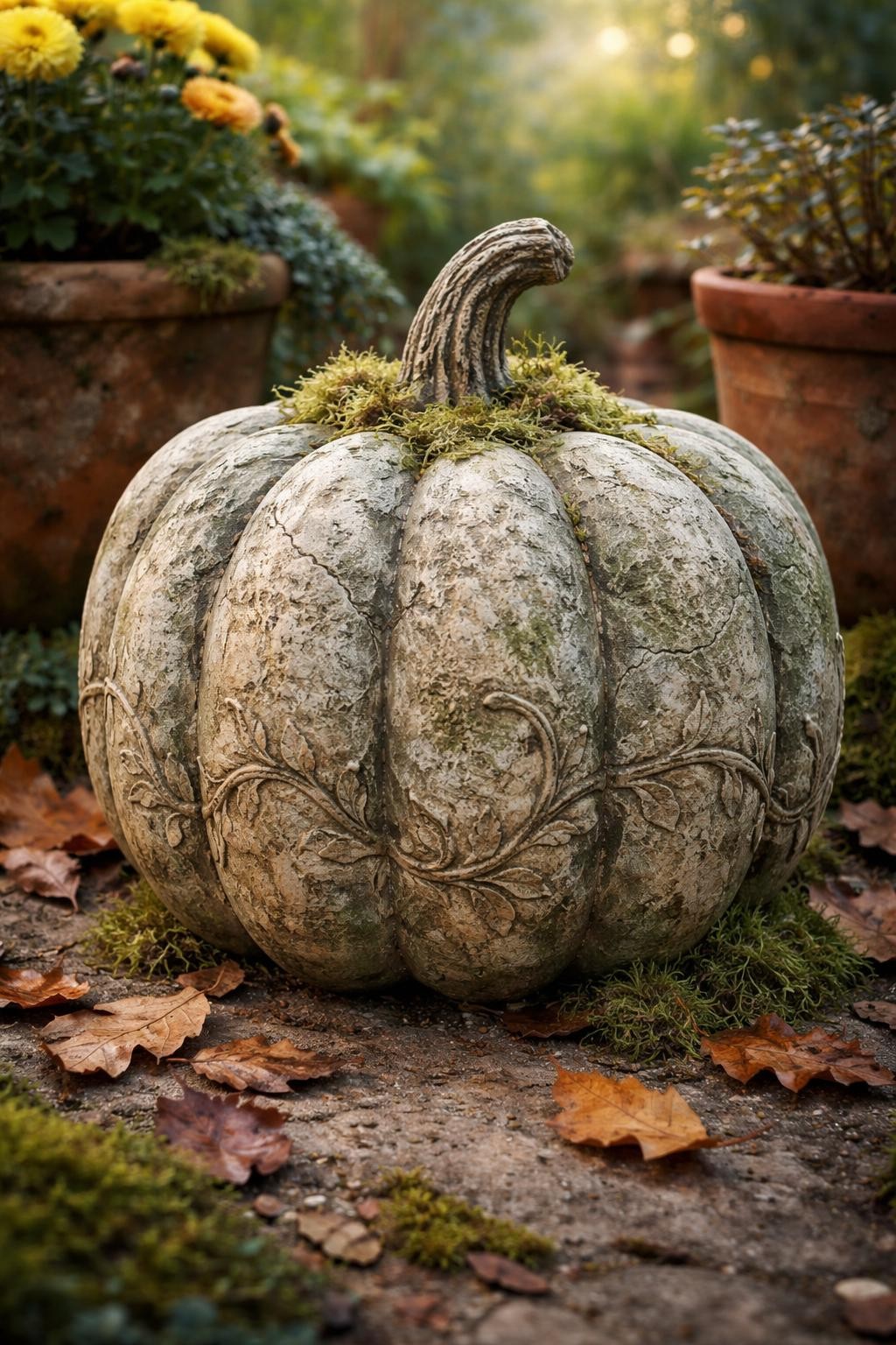 Image Prompt: A large plastic pumpkin finished to resemble aged carved limestone, layered gray, beige, and moss-green paint, rough textured surface, subtle cracks and weathered grooves, delicate vine pattern carved around the sides, faux moss gathered near the stem and base, displayed among terracotta pots and fallen leaves, soft outdoor morning light, realistic DSLR photography, highly convincing stone texture, no people, no text.