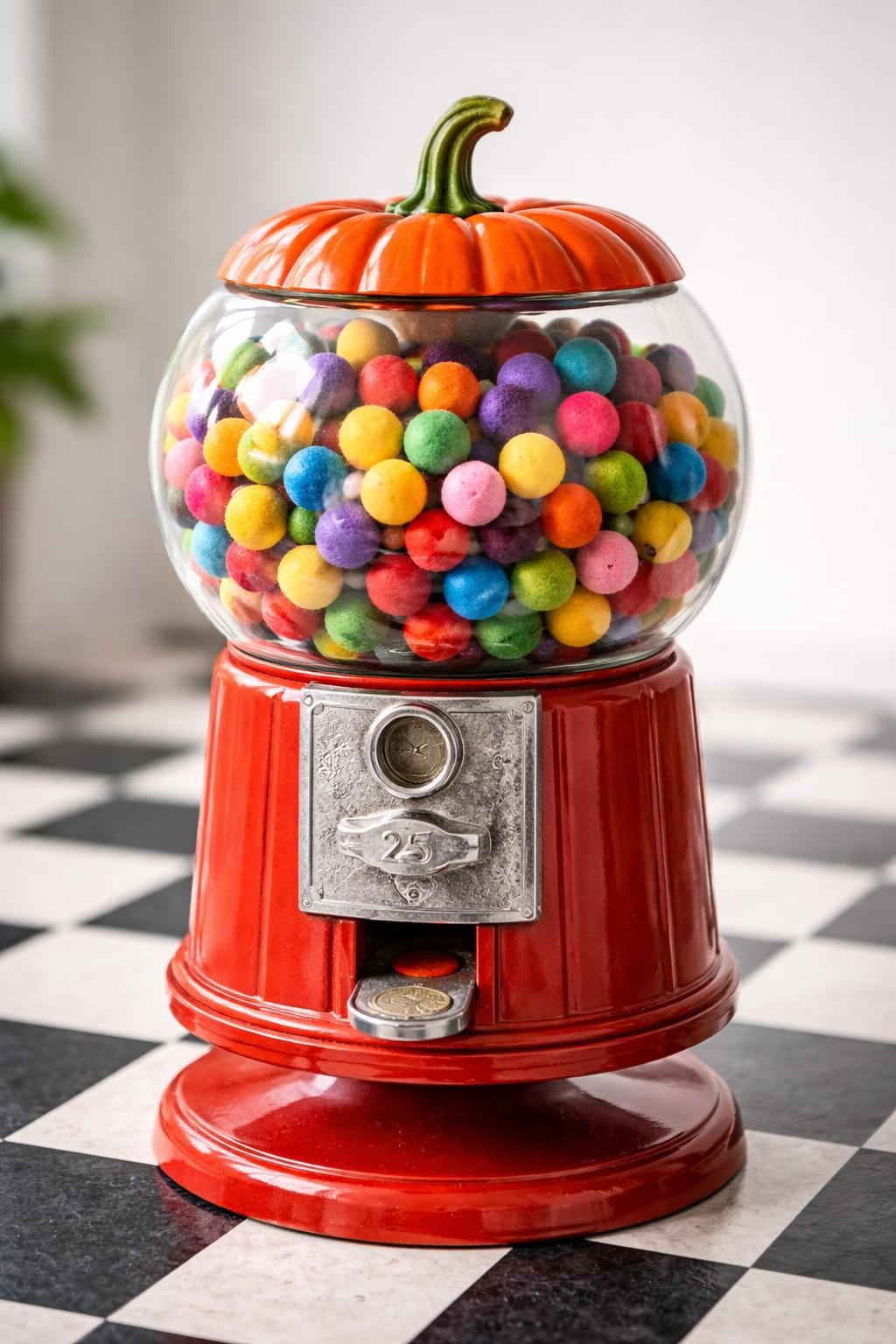 Image Prompt: A round orange pumpkin transformed into a vintage red gumball machine, upper clear dome filled with colorful round felt balls, painted metallic red base, silver coin slot, small turning handle, glass-like window, sturdy round pedestal, playful polished contest display, checkerboard floor beneath, bright studio-style natural lighting, realistic DSLR photography, crisp handmade textures, no people, no text.