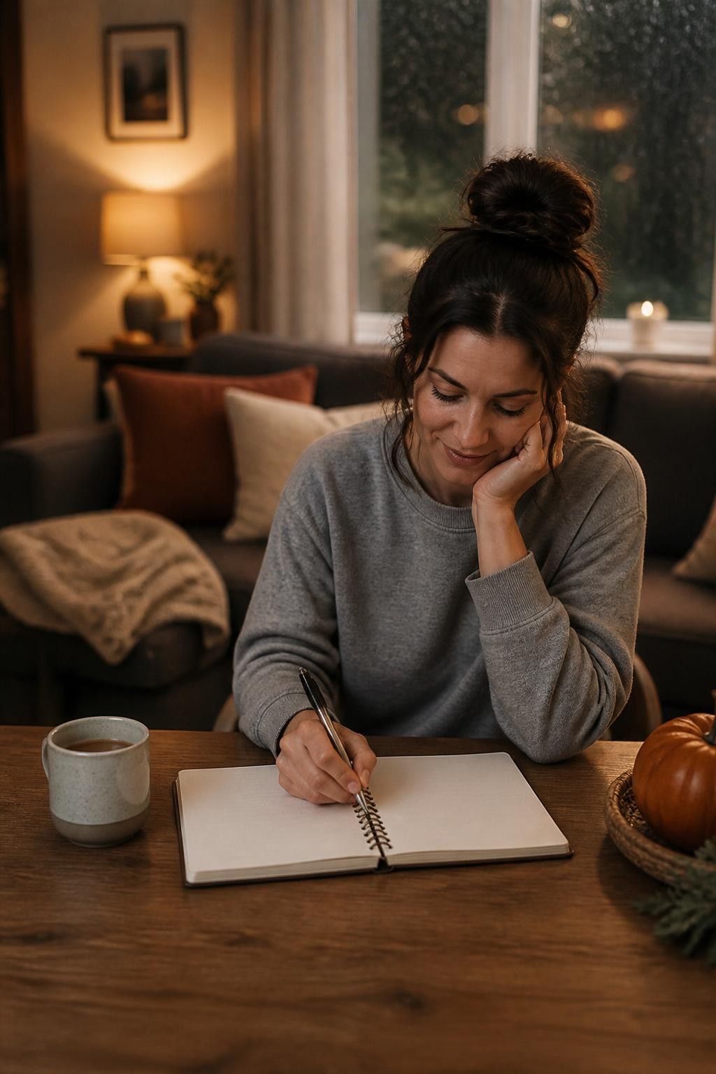 Image Prompt: A cozy, realistic evening photograph of a clean living room after a completed fall reset, with a woman sitting at a wooden table writing a simple weekly cleaning plan in a notebook, a mug of tea nearby, folded blanket on the sofa, clear surfaces, softly glowing lamp, rain visible on the window, warm but natural lighting, realistic skin and fabric textures, believable lived-in room rather than a showroom, professional DSLR photography with a 50mm lens, shallow depth of field, editorial lifestyle quality, no readable notebook text, no watermarks on images.