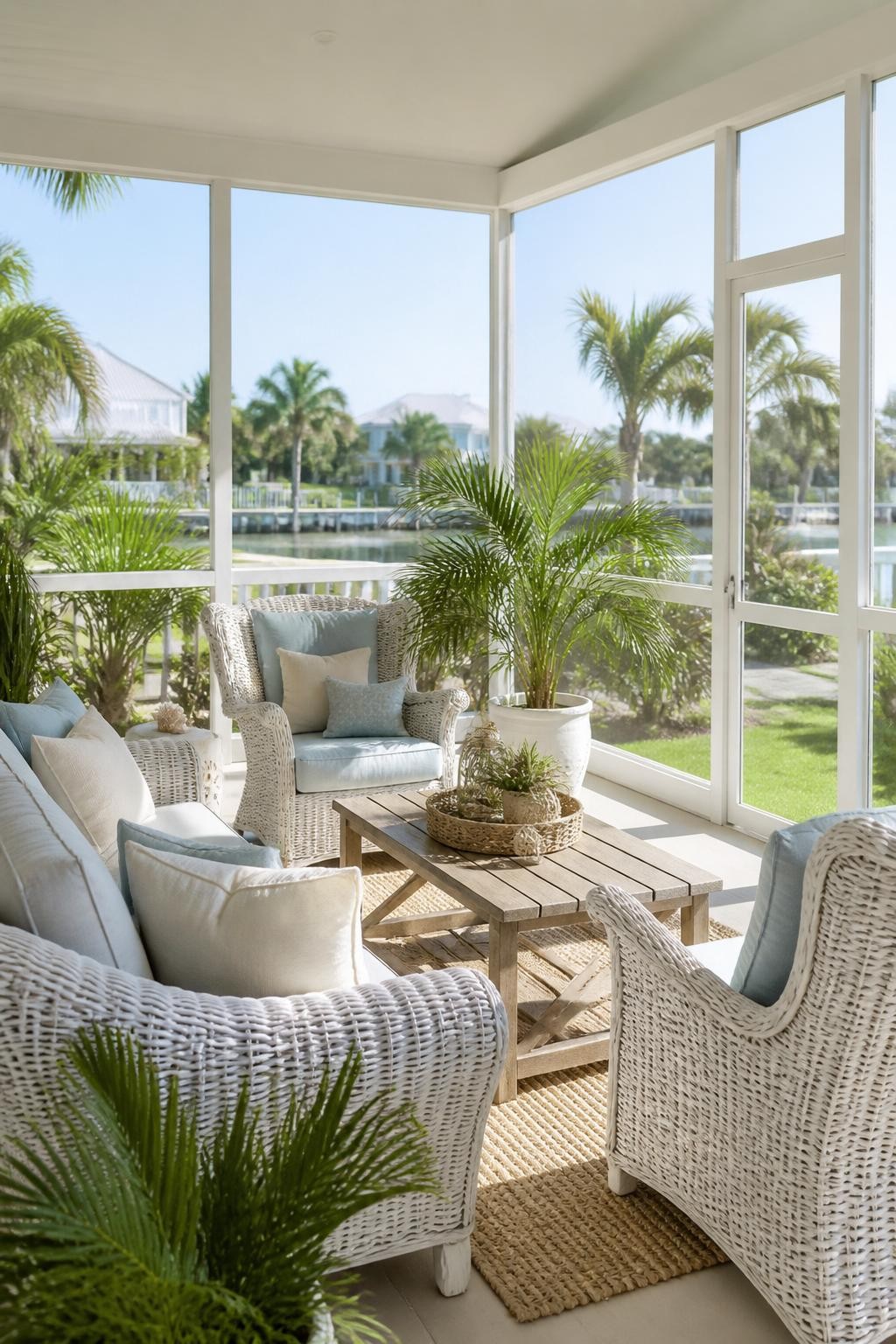 Image Prompt: A bright coastal screened in patio with white wicker furniture, pale blue and cream cushions, light wood coffee table, woven rug, potted palms, white screen frames, airy backyard view, soft sunny daylight, relaxed beach house patio feel, no people, realistic DSLR photo, no text, no watermarks on images.