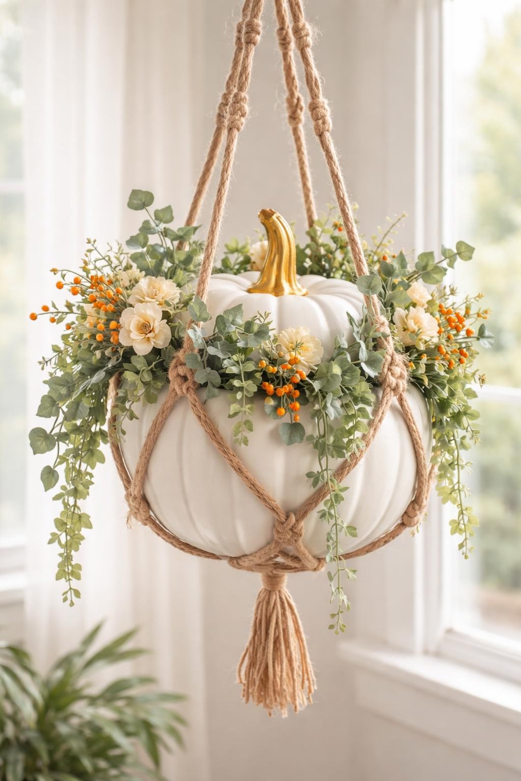 Image Prompt: A hollow white fake pumpkin used as a hanging planter, top opening filled with trailing faux ivy, eucalyptus, small orange berries, and cream flowers, macramé rope hanger wrapped around the pumpkin, natural jute knots, short gold-painted stem, displayed near a bright window, airy boho autumn decor, realistic DSLR photography, crisp plant and rope texture, no people, no text.