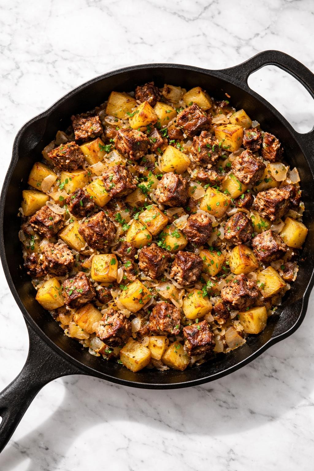 Prompt: Top-down realistic editorial food photography of leftover meatloaf hash in a skillet on a clean white marble countertop, diced meatloaf cooked with golden potatoes, chopped onions, and herbs, crisp browned edges and hearty homemade meal styling, bright natural daylight, soft shadows, clean composition, high detail, realistic food texture, no people, no hands, no text, no watermarks, no props with writing.