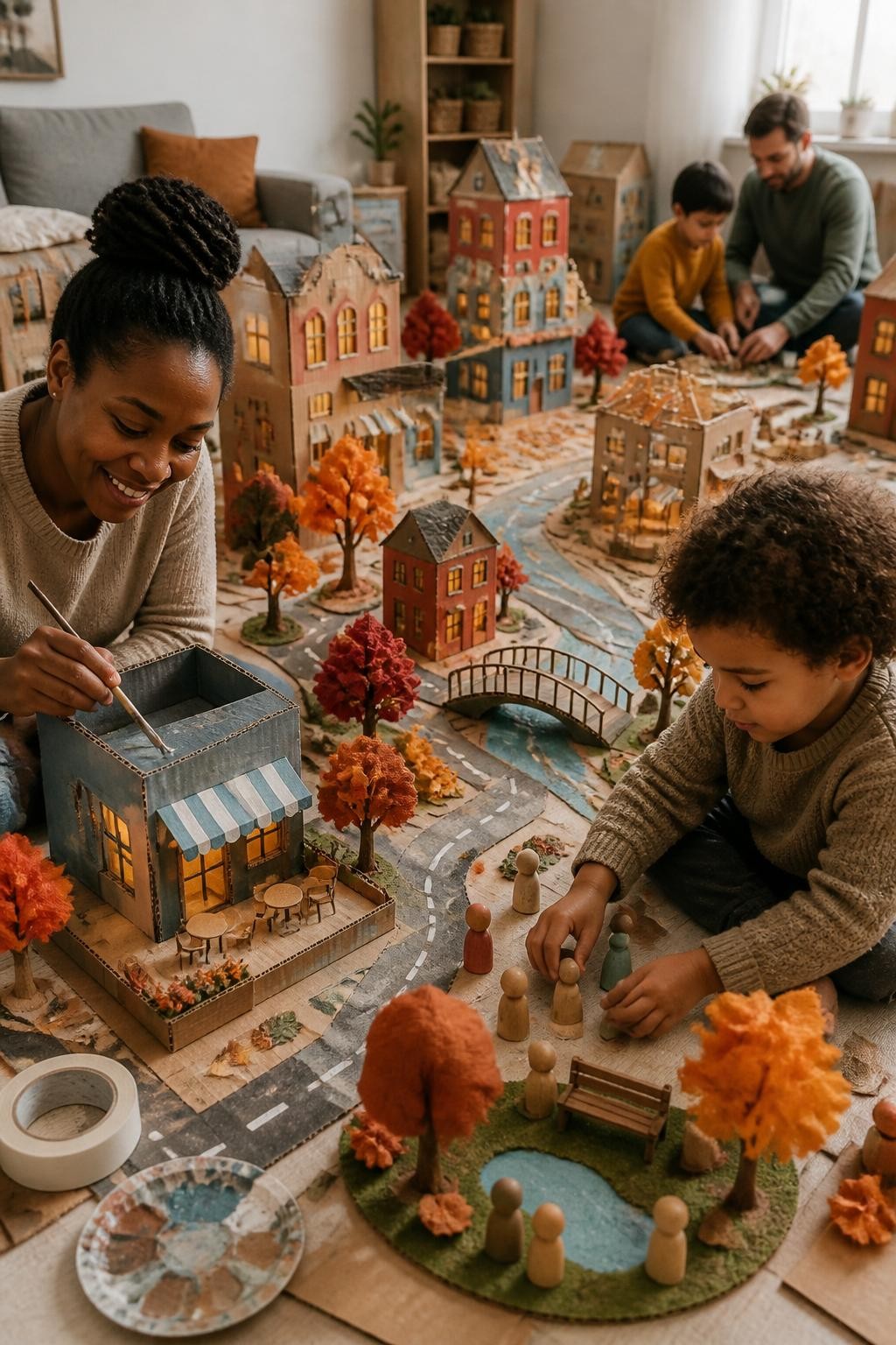 Image Prompt: A large cardboard autumn town spreading across a living room floor, painted houses, a bakery, cinema, market, bridge and miniature park connected by paper roads, fabric trees covered with orange leaves and battery lights inside several buildings, adults and children adding final details, a Black mother painting a small cardboard café while a child arranges wooden figures, visible tape, brush marks and handmade edges, soft afternoon daylight, detailed editorial craft photography, no readable shop signs, no text overlay.