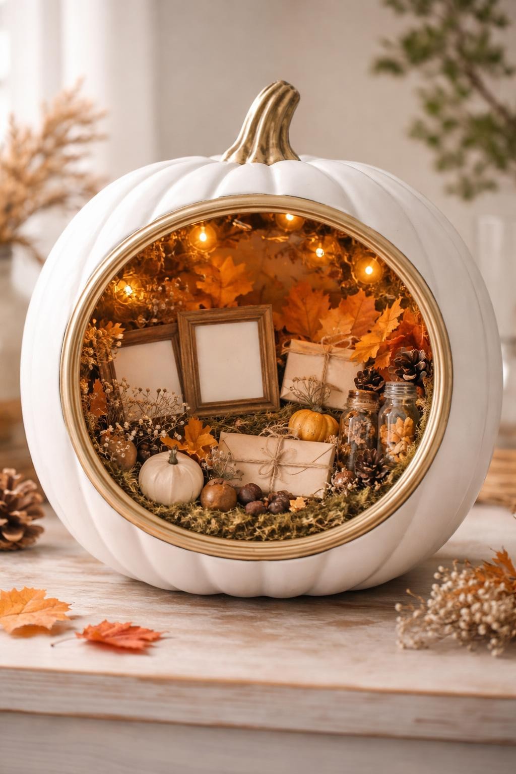 Image Prompt: A white fake pumpkin turned into a round shadow box, large circular opening at the front, inside filled with tiny autumn memories including miniature photo frames with blank images, pressed leaves, small paper envelopes, acorns, dried flowers, and warm fairy lights, clean white exterior with gold trim around the opening, sentimental fall decor style, soft natural light, realistic DSLR photography, no people, no readable text.