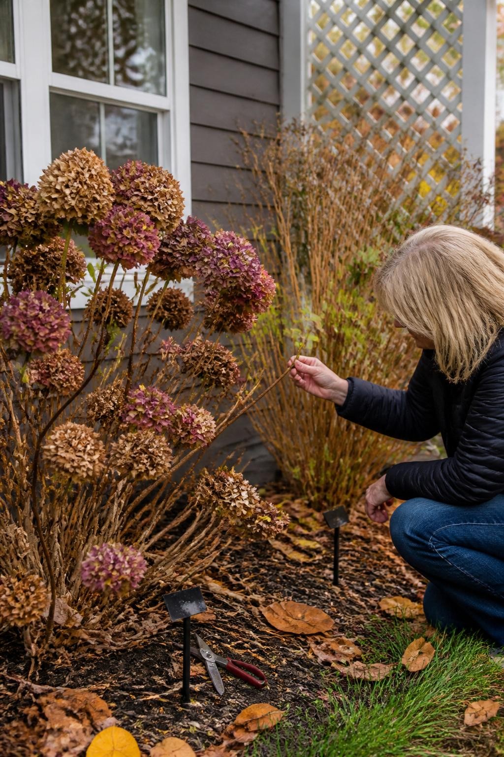 Image Prompt: A realistic fall garden work scene featuring two mature hydrangea shrubs beside a home, one bigleaf hydrangea with dried mophead blooms and visible buds on older woody stems, and one smooth hydrangea with thinner current-season stems, a gardener gently examining the buds without cutting, clean pruning shears and simple plant labels nearby, naturally faded burgundy and tan flower heads, scattered autumn leaves around the base, soft late-afternoon light, accurate branch and bud details, practical residential garden, editorial DSLR photography, 50mm lens, highly detailed, no text.