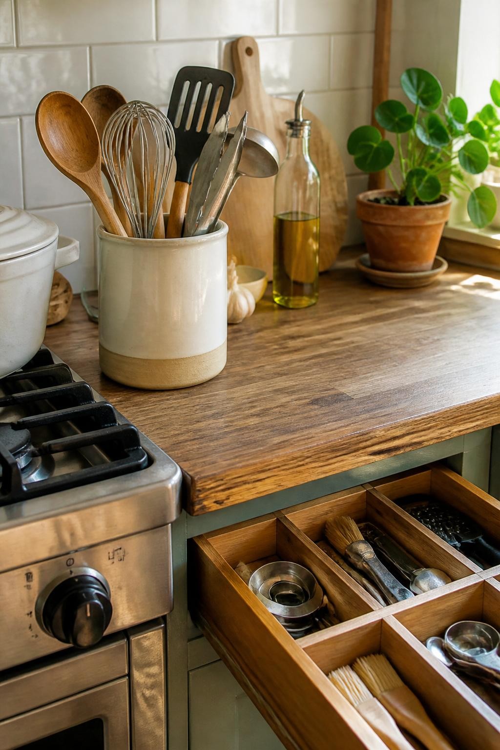 Image prompt: Kitchen counter beside a stove with one ceramic utensil crock holding wooden spoons, a whisk, spatula, ladle, and tongs, while less-used utensils are stored neatly in a nearby drawer with dividers, photographed with natural iPhone photo quality, warm afternoon daylight, believable cooking marks and wood grain, clean but lived-in home kitchen, no people, no logos, no watermarks on images.