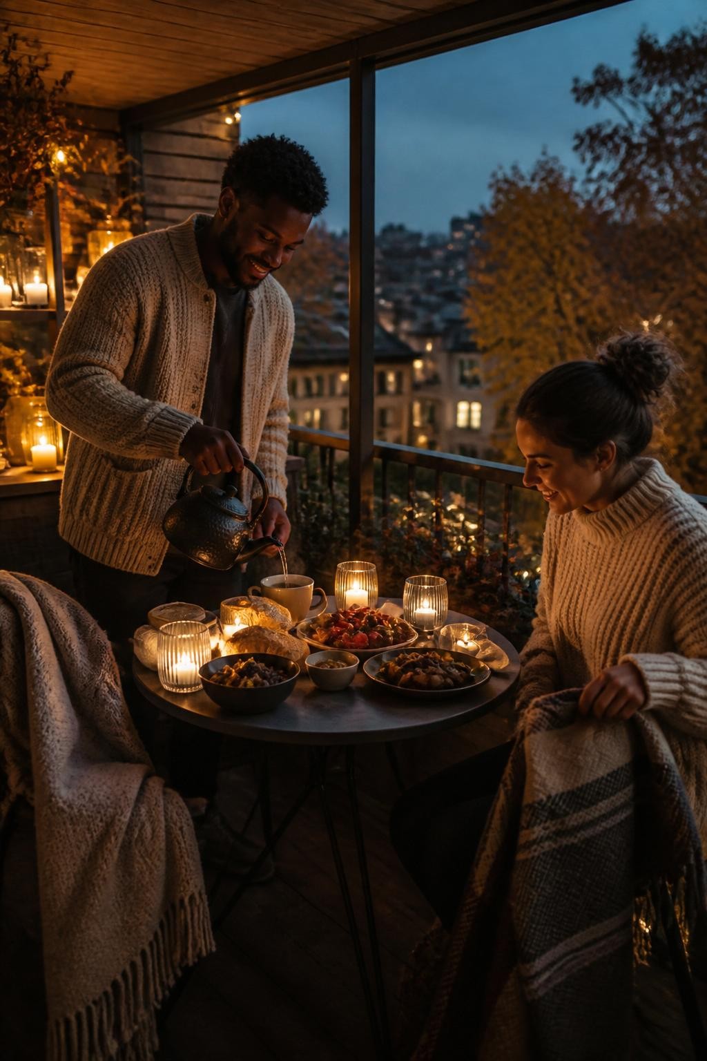 Image Prompt: A romantic dinner for two on a covered apartment balcony during the first cold evening of fall, a small round table holding steaming bowls of stew, crusty bread, roasted vegetables and baked pears, wool blankets draped over two chairs, protected candles inside glass holders and warm rechargeable lights, a couple wearing layered sweaters, one partner with deep brown skin pouring a hot drink while the other adjusts a blanket, city lights and amber trees visible beyond the railing, realistic steam, cool blue evening mixed with warm table light, intimate editorial DSLR photography, no text.