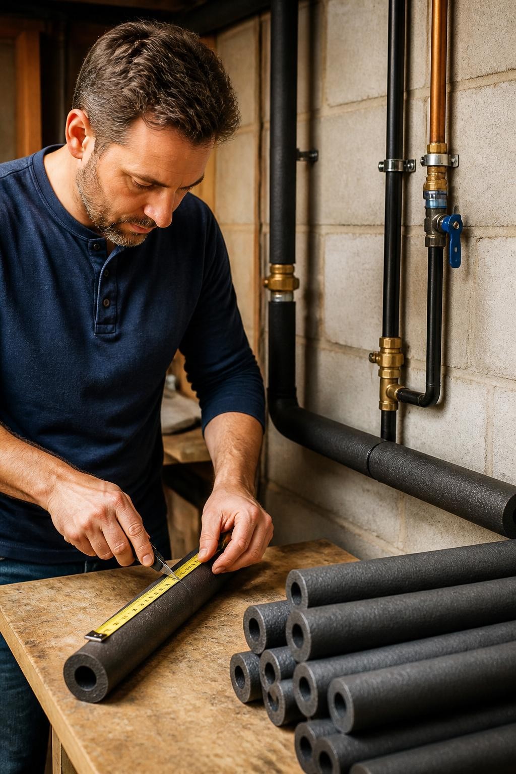 Image Prompt: A close, photorealistic utility-room photograph showing a homeowner fitting foam pipe insulation around an exposed cold-water pipe in an unheated basement area, using a measuring tape and utility-safe cutting tool on a workbench, neat sections of insulation prepared nearby, clean concrete wall, warm task lighting, accurate pipe fittings and insulation texture, natural hand position and body proportions, professional DSLR photography with a 50mm lens, practical home-improvement magazine styling, no open flame, no unsafe work near electrical wiring, no logos, no text, no watermarks on images.
