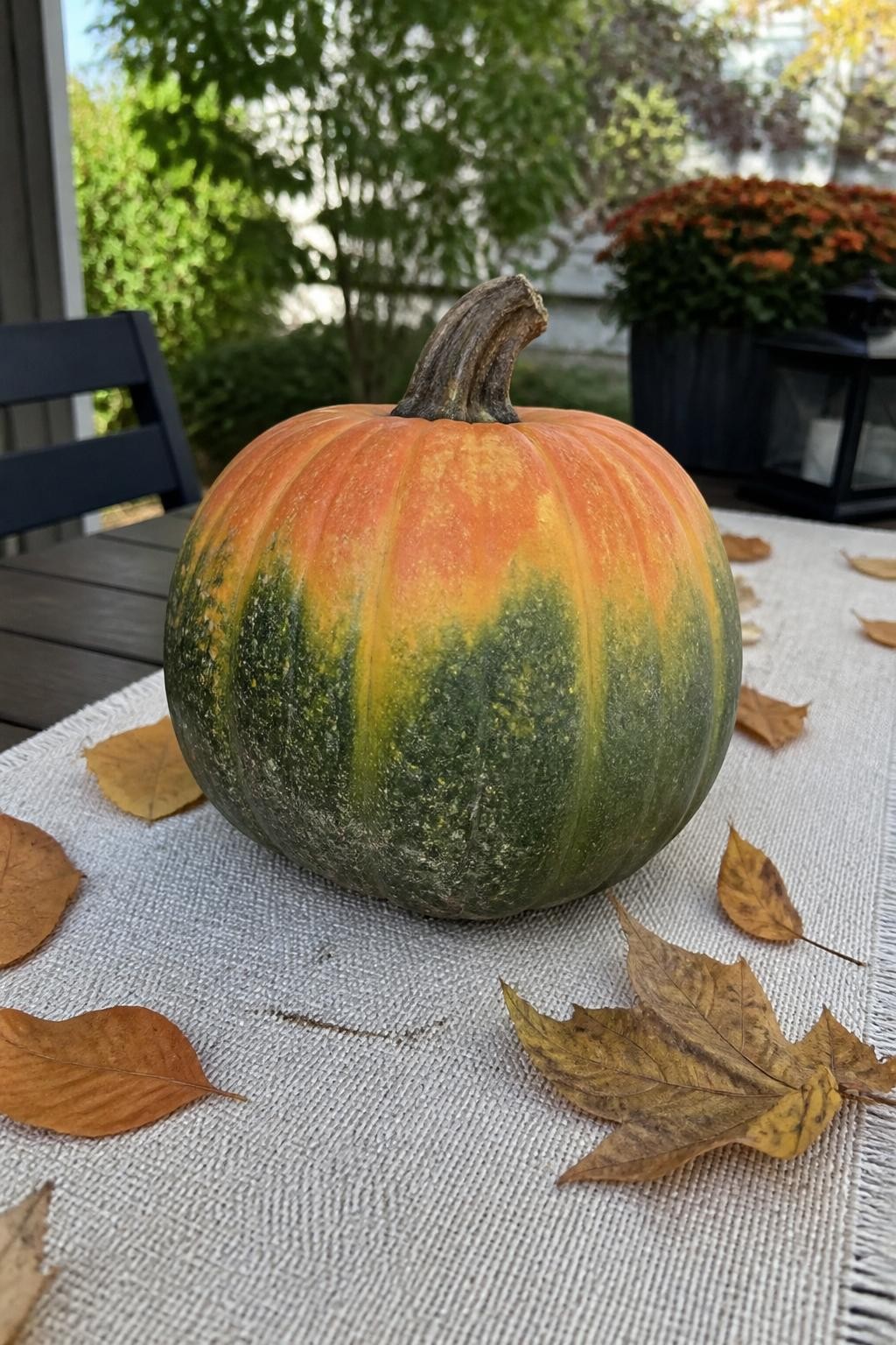 Horizontal 16:9 realistic iPhone photograph of a faux pumpkin painted to look naturally ripening, with muted green covering the lower half and soft orange spreading unevenly from the top, blended yellow-green transition areas, brown stem, and faint soil marks near the base, displayed on an outdoor dining table with a linen runner and real leaves, late-afternoon daylight, authentic natural coloring, no text.