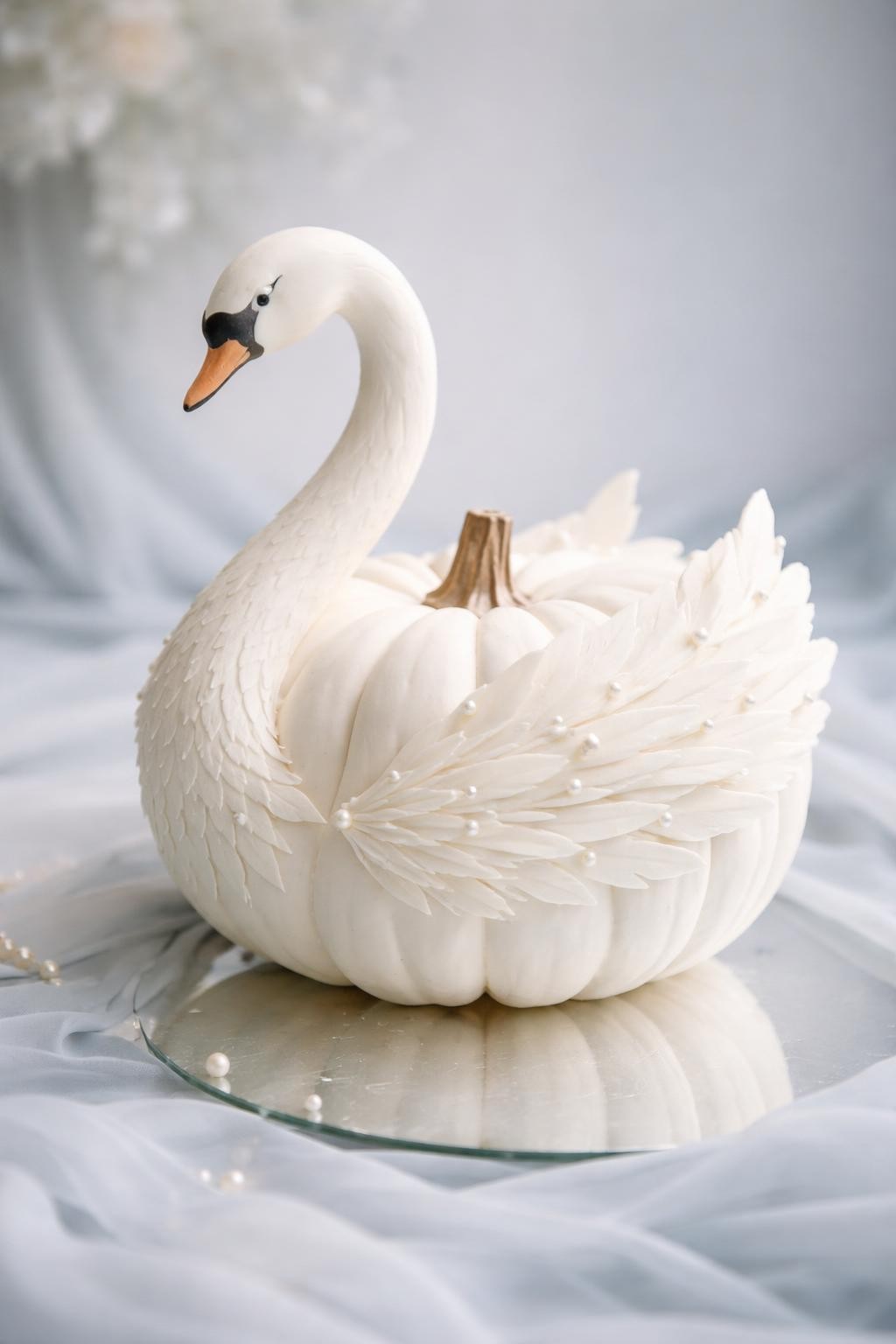 Image Prompt: An elegant white pumpkin transformed into a graceful swan, long curved white neck rising from the front, delicate sculpted head with black eye markings and muted orange beak, layered white feather shapes covering the sides like folded wings, small pearl details, pumpkin resting on a mirrored surface with soft ripples of pale blue fabric, romantic editorial lighting, realistic DSLR photography, detailed handmade finish, no people, no text.