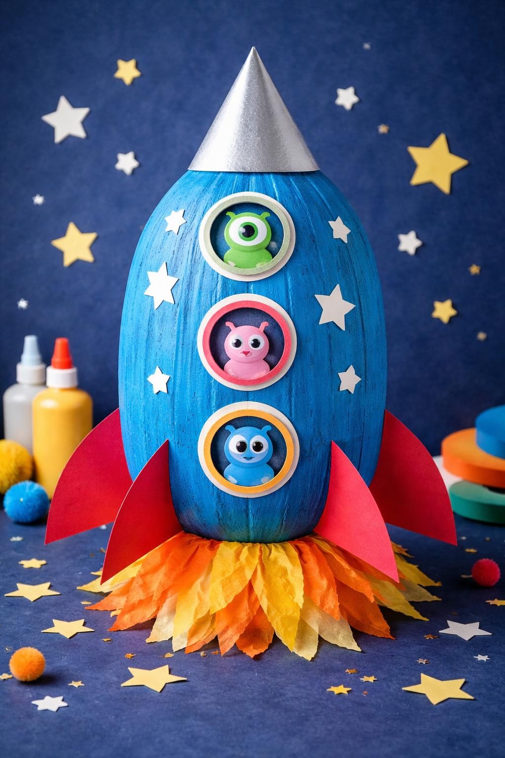 Image Prompt: A tall blue-painted pumpkin transformed into a playful paper rocket, pointed silver cardstock cone over the stem, red paper fins attached near the base, layered yellow and orange tissue-paper flames underneath, round paper windows with tiny alien faces, white paper stars around the body, dark blue craft backdrop, bright realistic DSLR photography, clean child-made details, no people, no text.