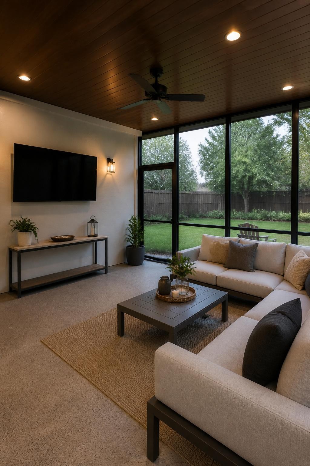 Image Prompt: A modern screened in patio with a wall-mounted TV, outdoor sectional sofa, low coffee table, ceiling fan, black screen frames, neutral rug, simple console table, warm wall lights, comfortable backyard entertainment room, no people, realistic DSLR photo, no text, no watermarks on images.